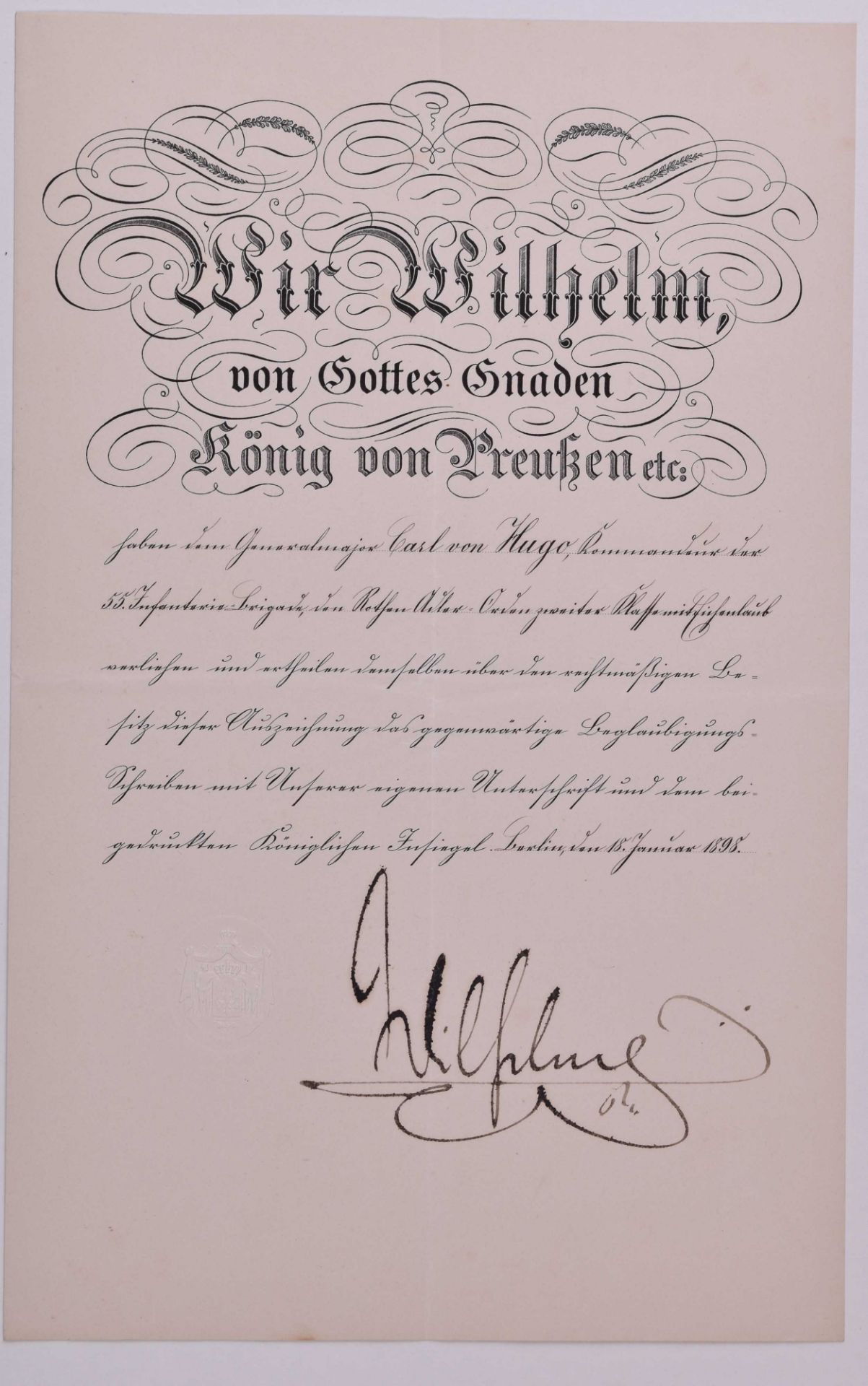 Verleihungsurkunde Roten Adler Orden mit Eichenlaub 18.1.1898, PreussenVerleihungsurkunde zum
