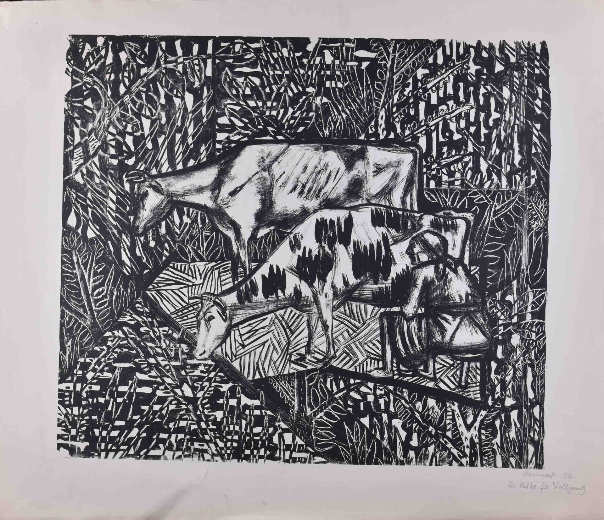 Waldemar GRZIMEK (1918-1984)"Zwei Kühe beim melken"Grafik - Holzschnitt, Papier 75,5 cm x 87,5 cm,