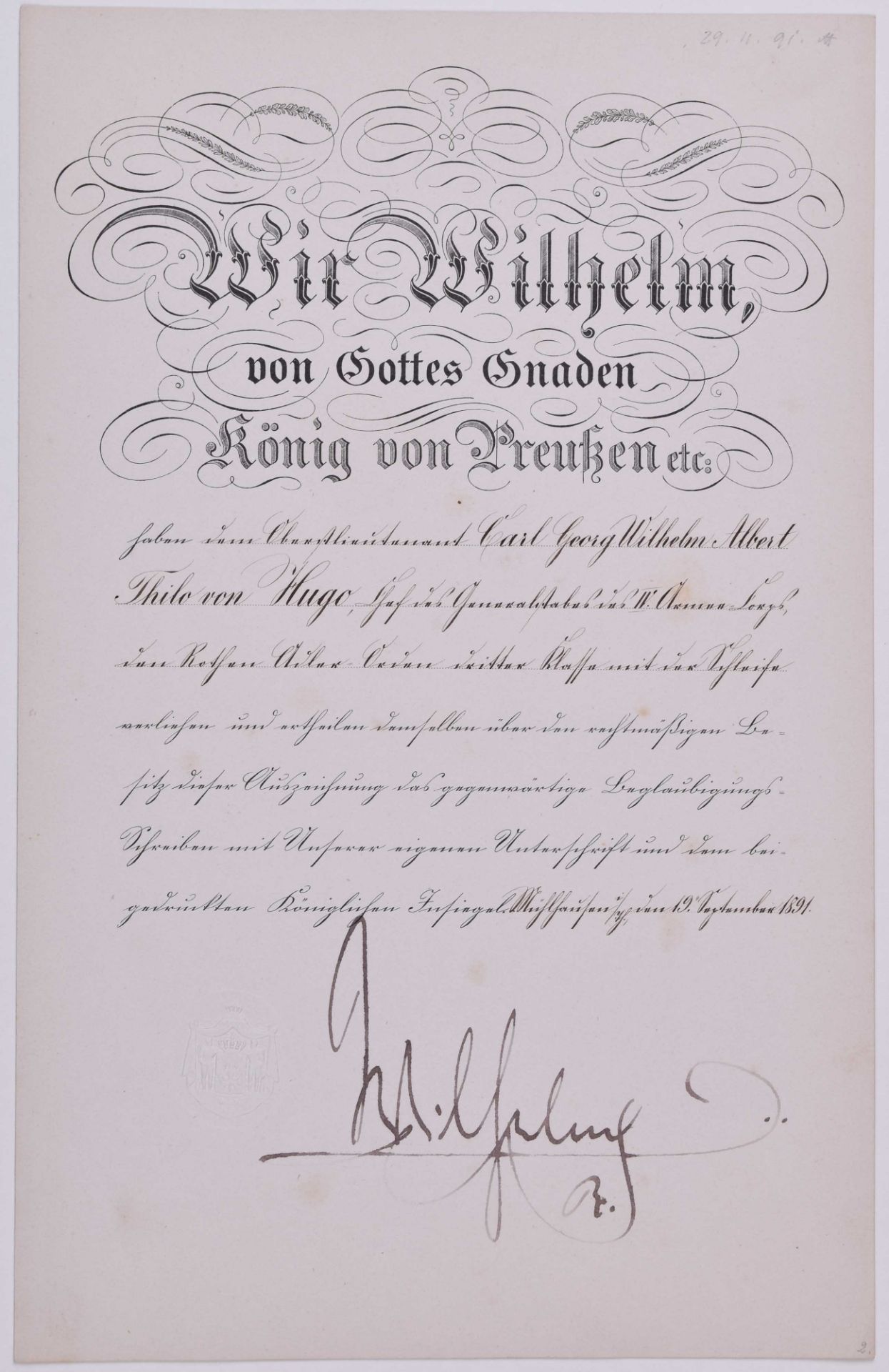 Verleihungsurkunde roter Adlerorden III. Klasse mit Schleife vom 19.09.1891