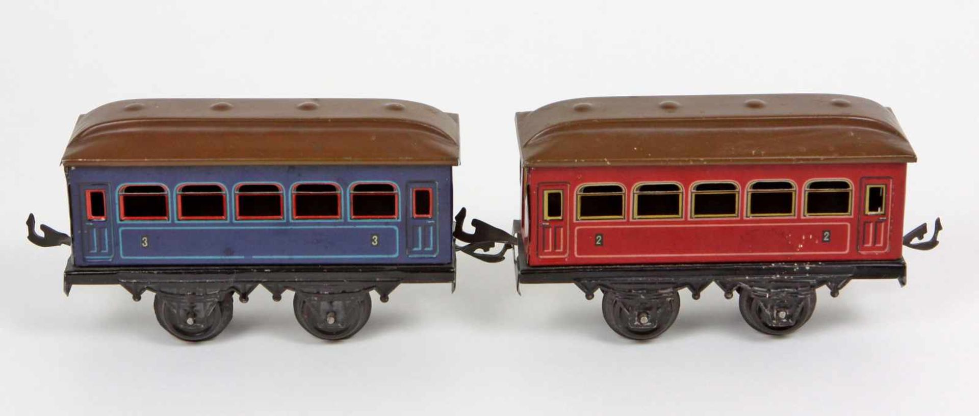 Bing 2 Personenwagen Spur 0Blech farbig lithographiert, gemarkt Bing Werke Nürnberg um 1930, zwei