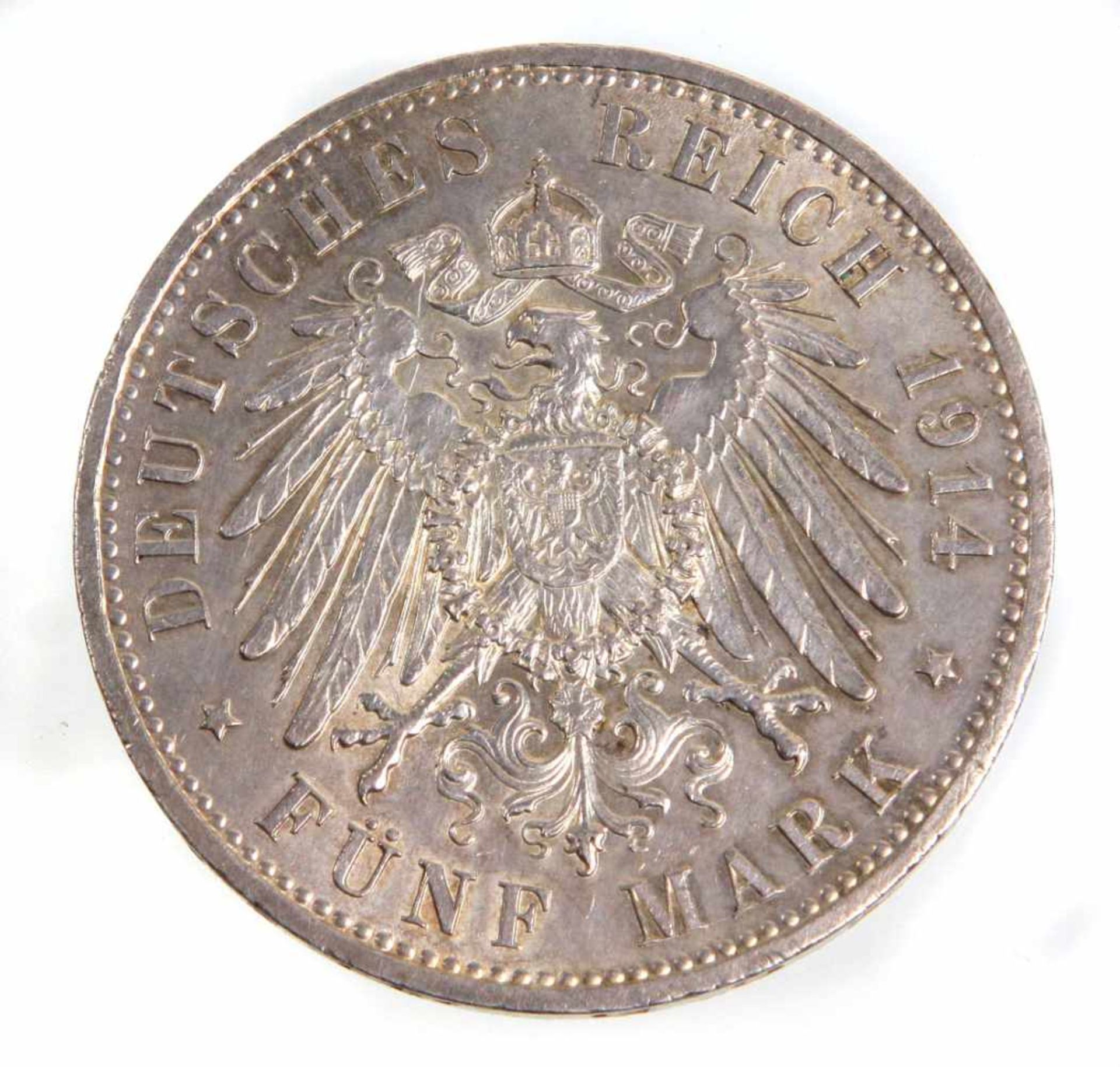 5 Mark Wilhelm II Preussen 1914 ASilbermünze Fünf Mark Deutsches Reich 1914, so um gekrönten - Bild 2 aus 2