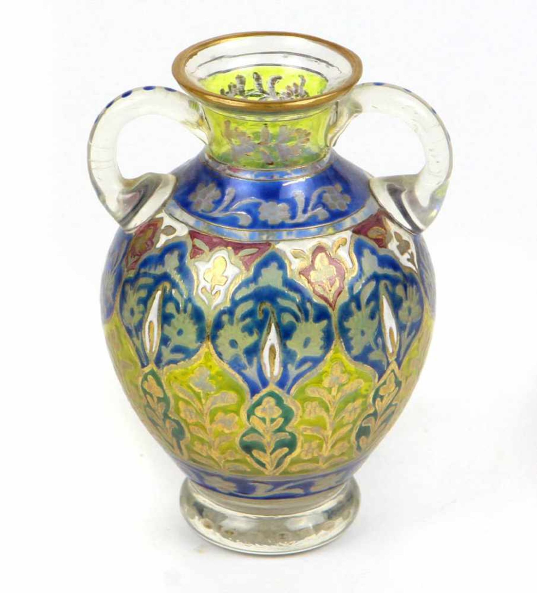 Jodhpur Ziervase Schlesienum 1885, Fritz Heckert, Petersdorf, sog. Jodhpur-Glas, klares Glas mit