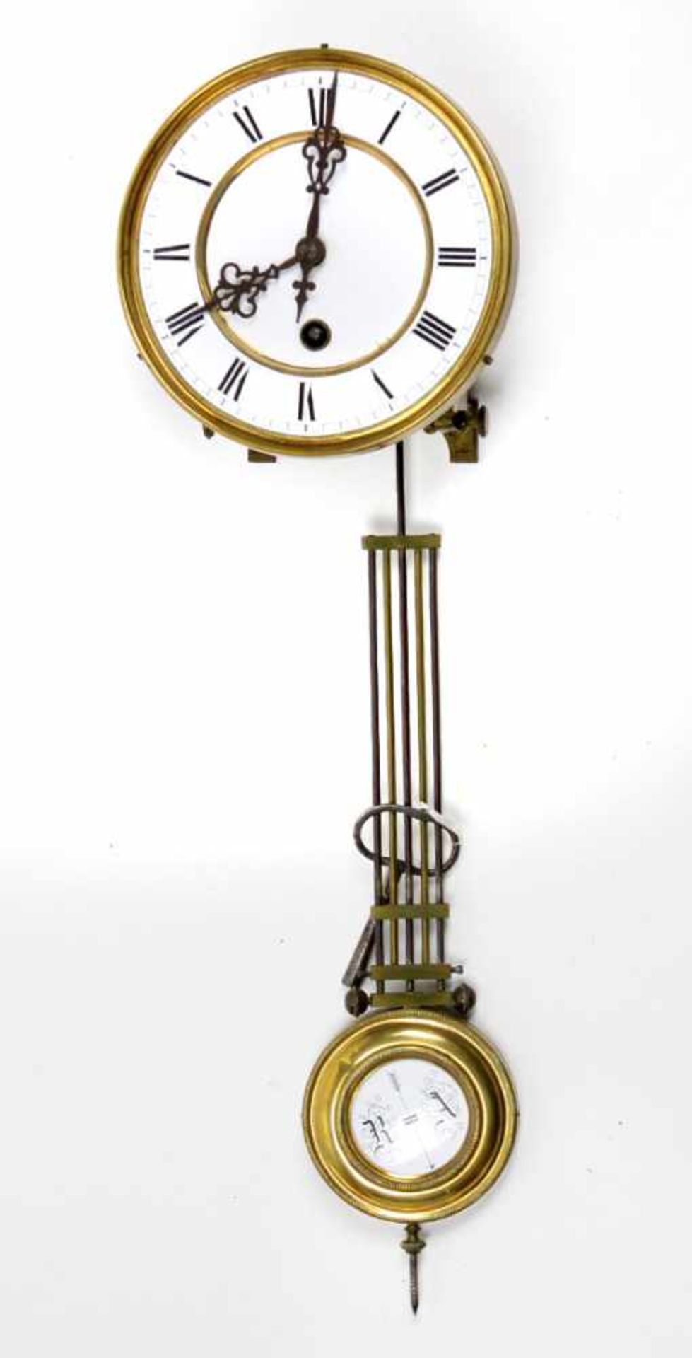 Uhrwerk mit Schlüssel u. Pendelungemarkt, weißes Emaillezifferblat mit schwarzen römischen Zahlen,