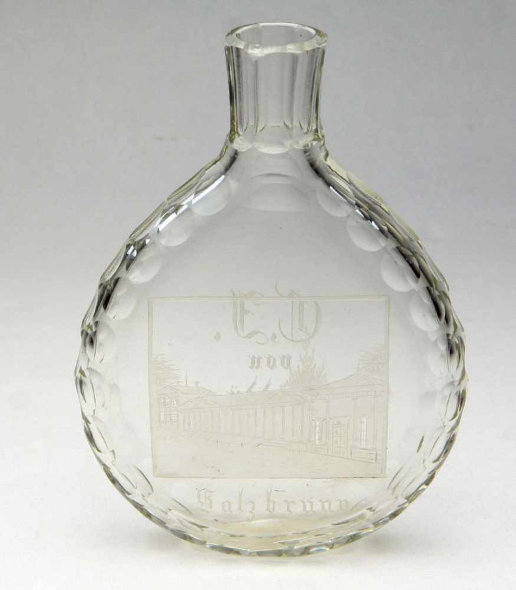 Plattflasche Salzbrunn 1891farbloses Glas mundgeblasen, tropfenförmige Plattflasche mit