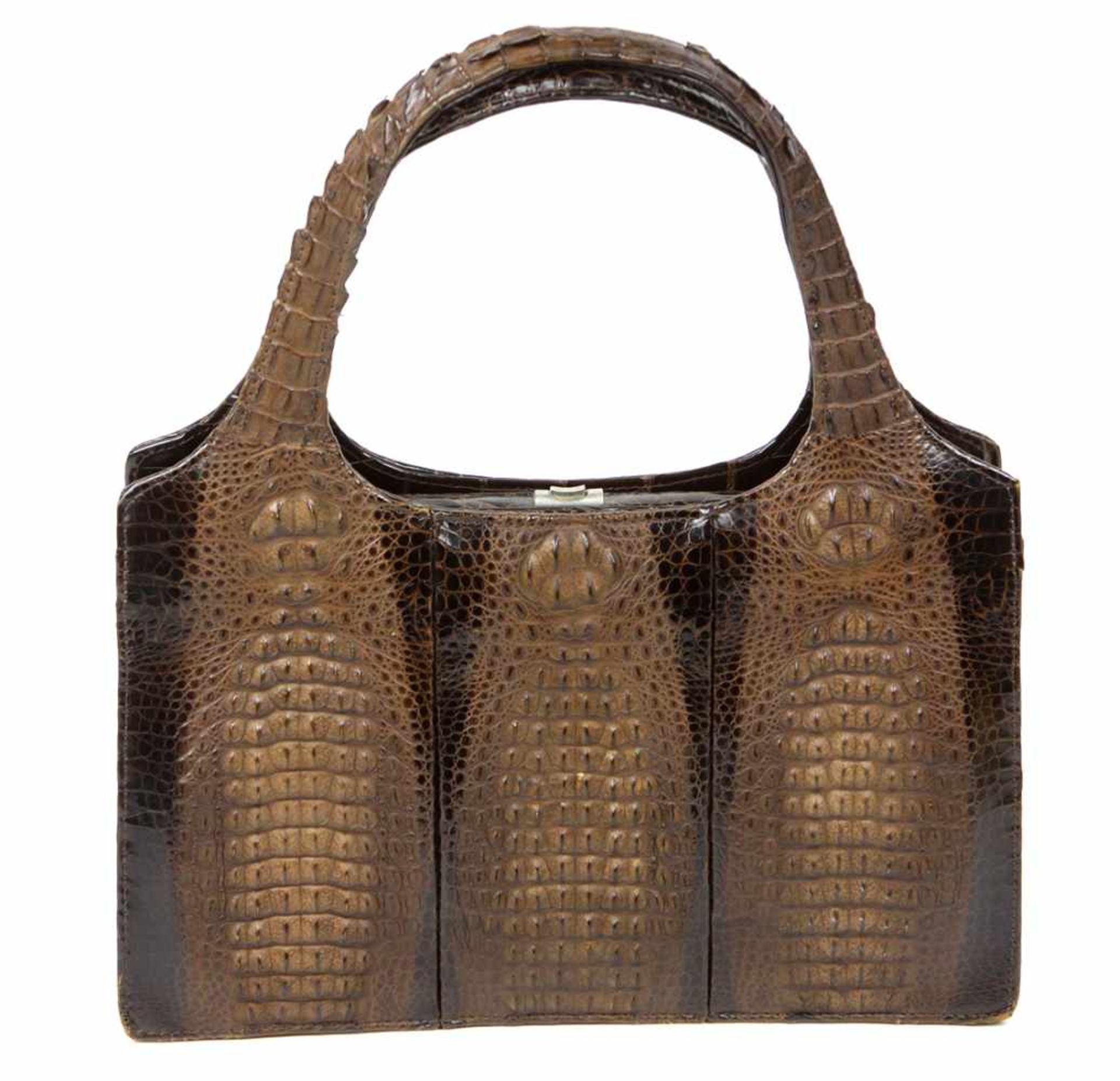 Kelly Bag 1930er JahreDamenhandtasche in rechteckiger Form, dunkelbraunes Krokoleder, 2 feste