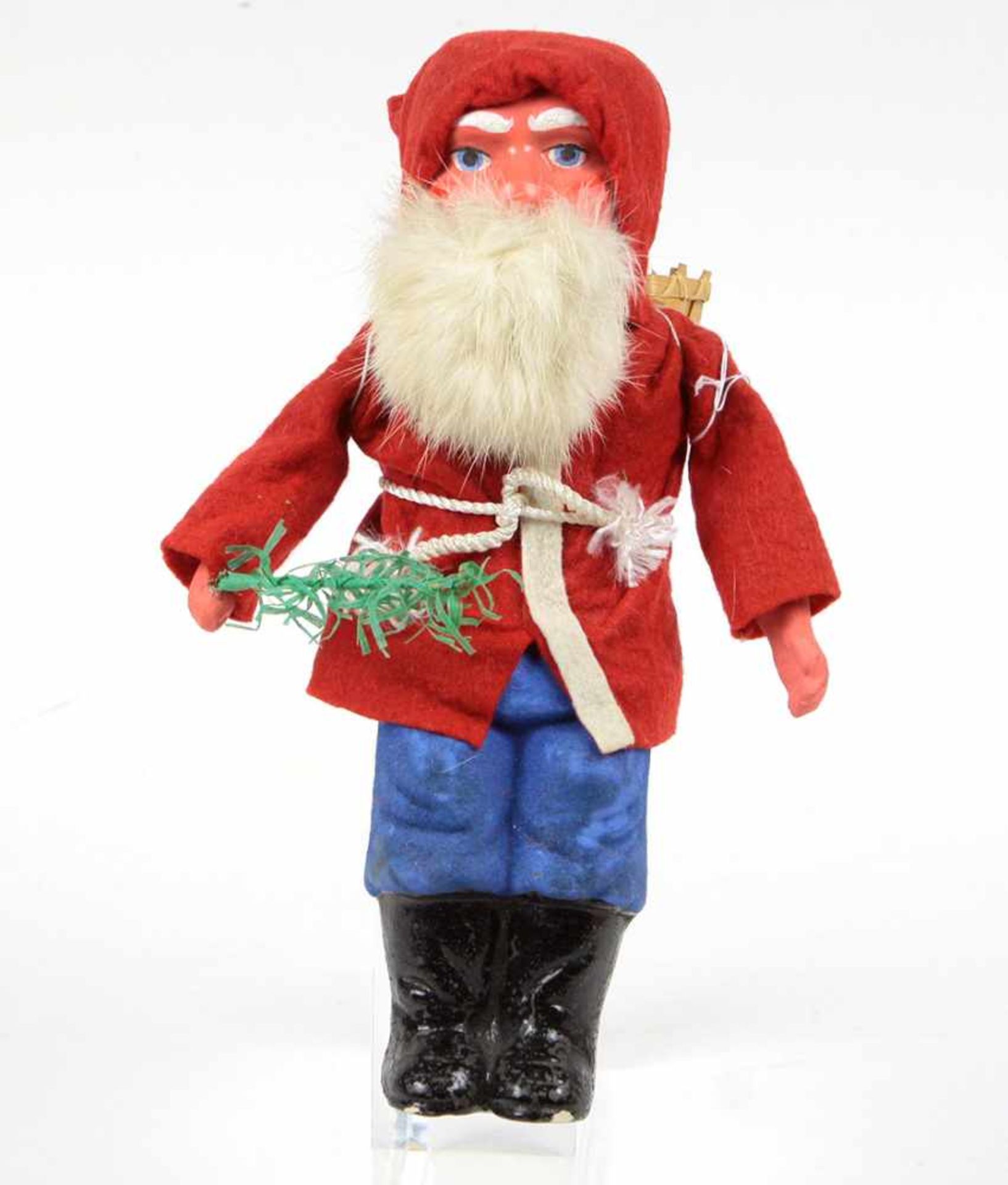 Nikolaus mit KorbMasse farbig gefasst, fein bemalter Kopf mit Kanicnhenfellbart, rote Filzjacke