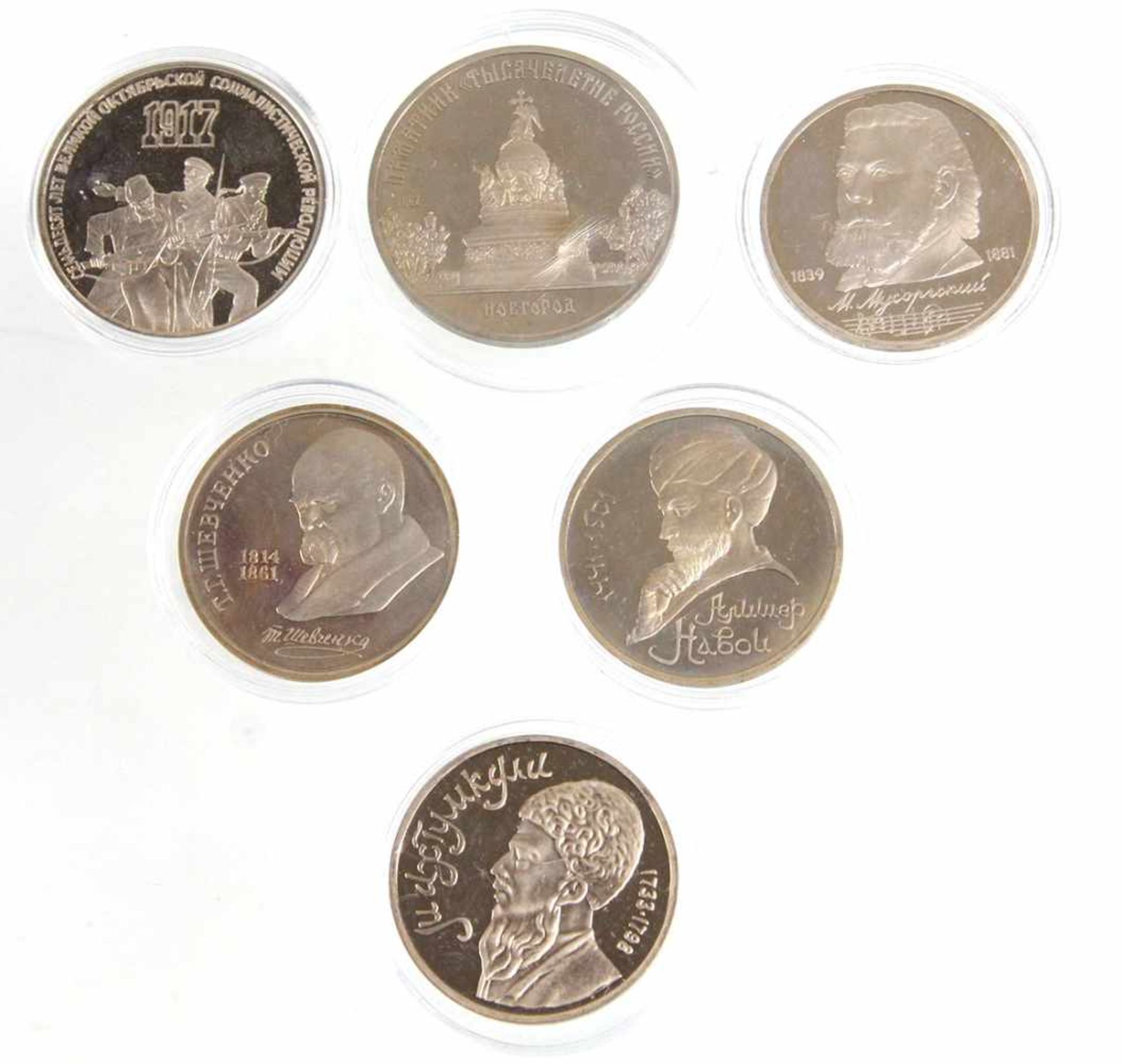 neues Russland 6 Gedenkmünzen1987/91Münzsammlung, dabei 4 x 1 Rubel mit 175.Geburtstag Taras