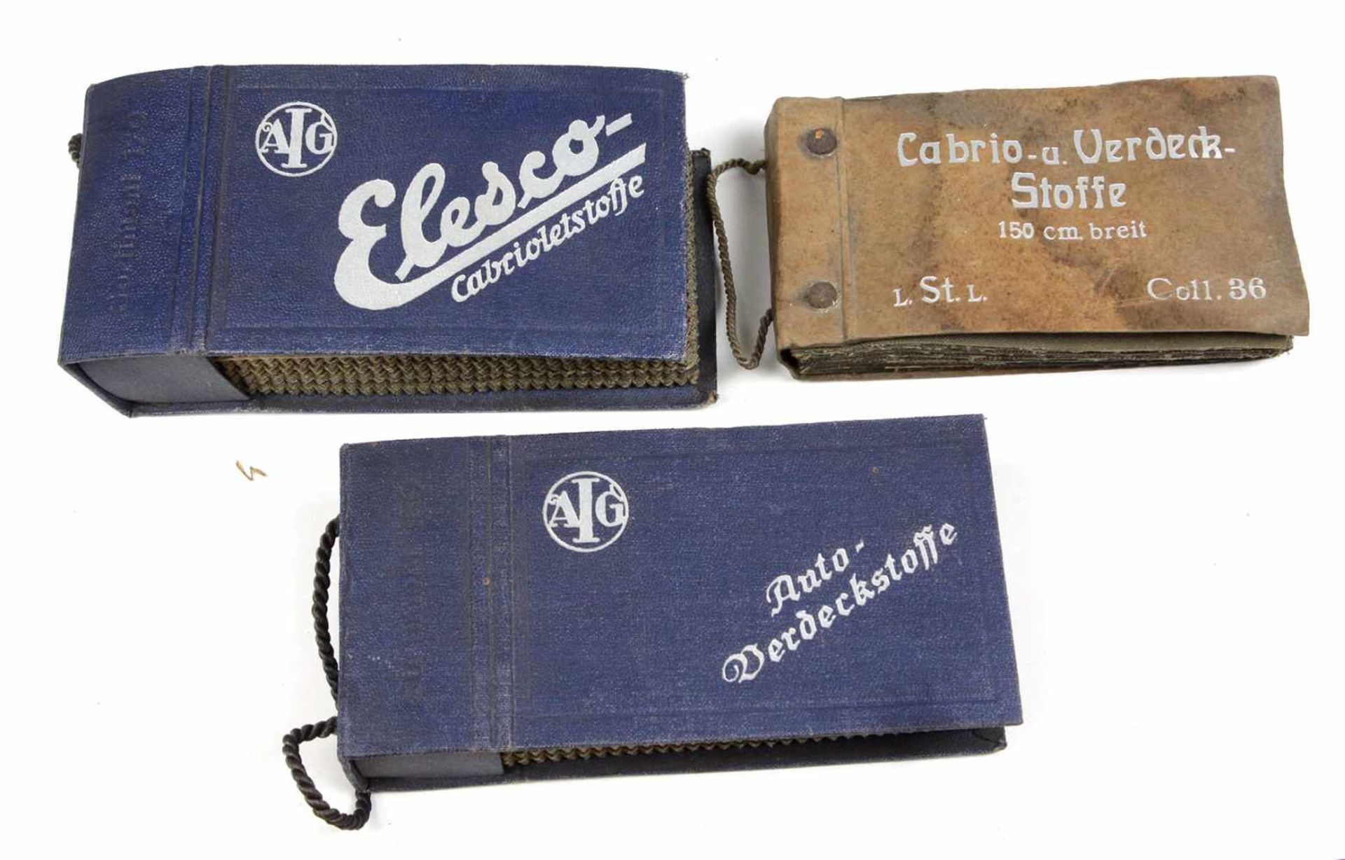 3 Mustermappen Verdeckestoffe 1935dabei *Cabrio- u. Verdeck-Stoffe 150 cm breit*, Coll. 36