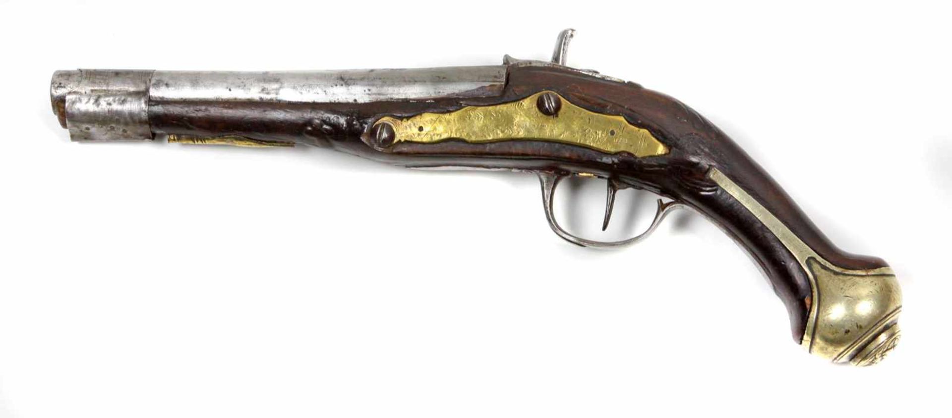 Vorderlader PistoleFeuerwaffe mit zylindrischem Eisenlauf an gebogenem Holzgriff u. teils von Holz - Bild 2 aus 2