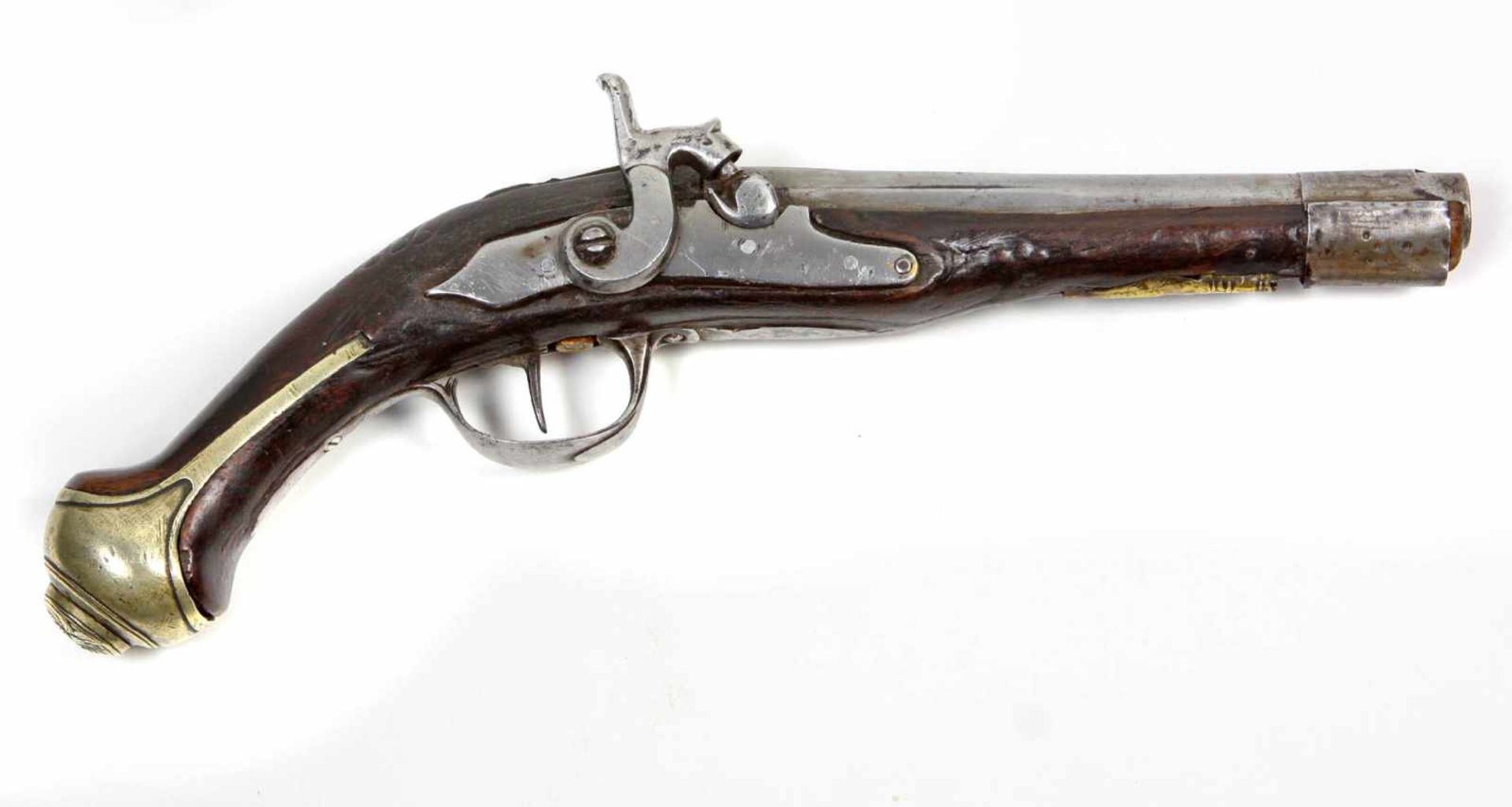 Vorderlader PistoleFeuerwaffe mit zylindrischem Eisenlauf an gebogenem Holzgriff u. teils von Holz