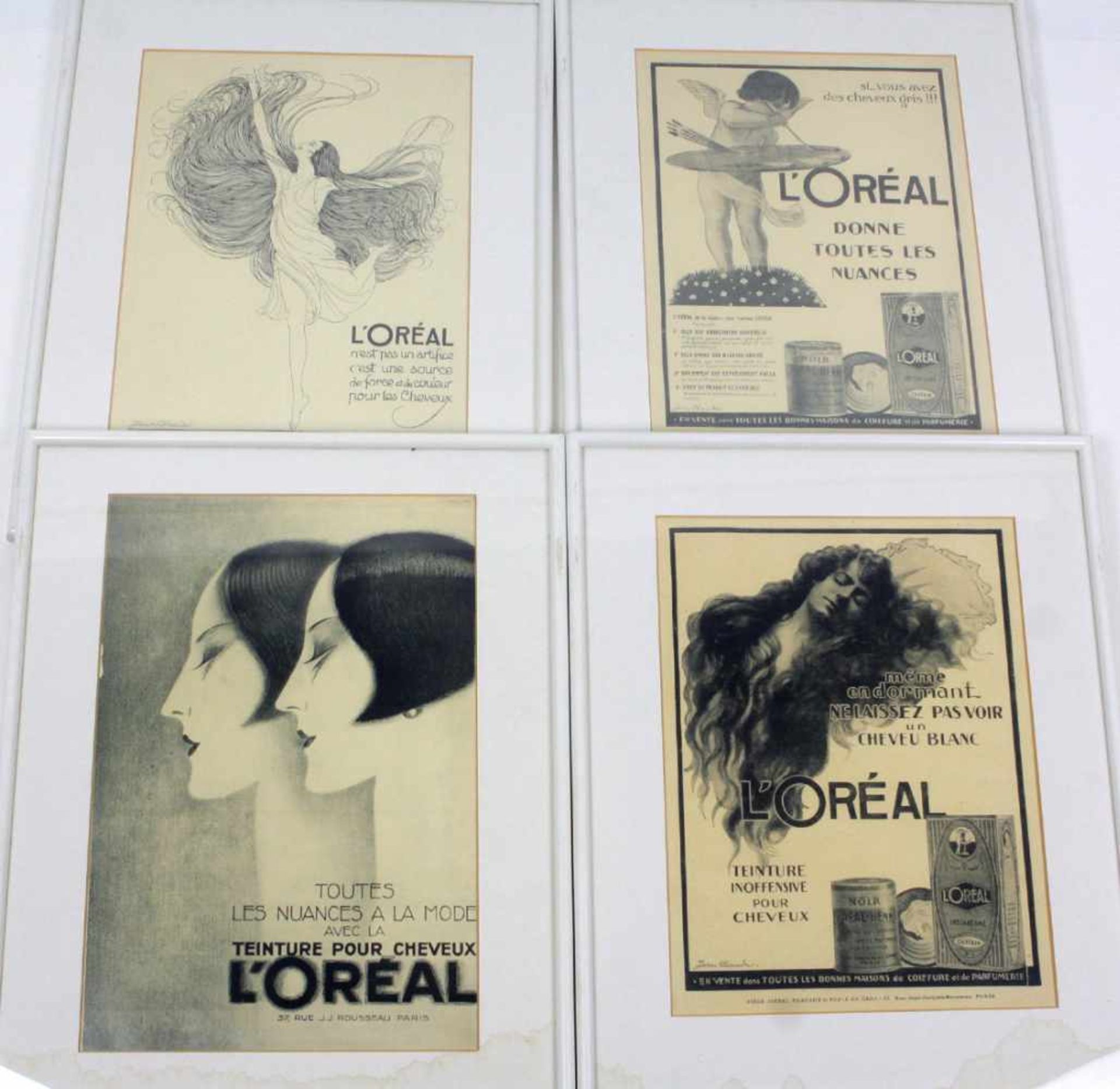 L'oréal Werbeplakate im Rahmen4 Abdrücke von alten Vorlagen mit verschiedenen Motiven, im