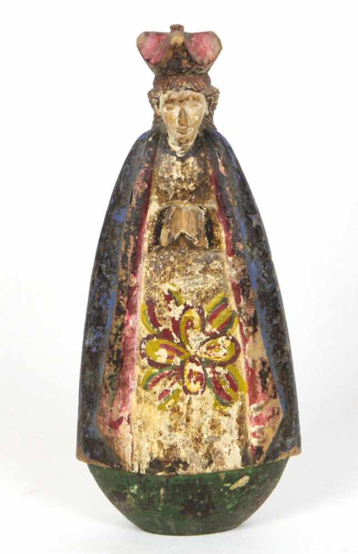 geschnitzte Madonna 19. Jhd.Holz von Hand beschnitzt u. farbig gefasst, flacher Korpus mit leicht