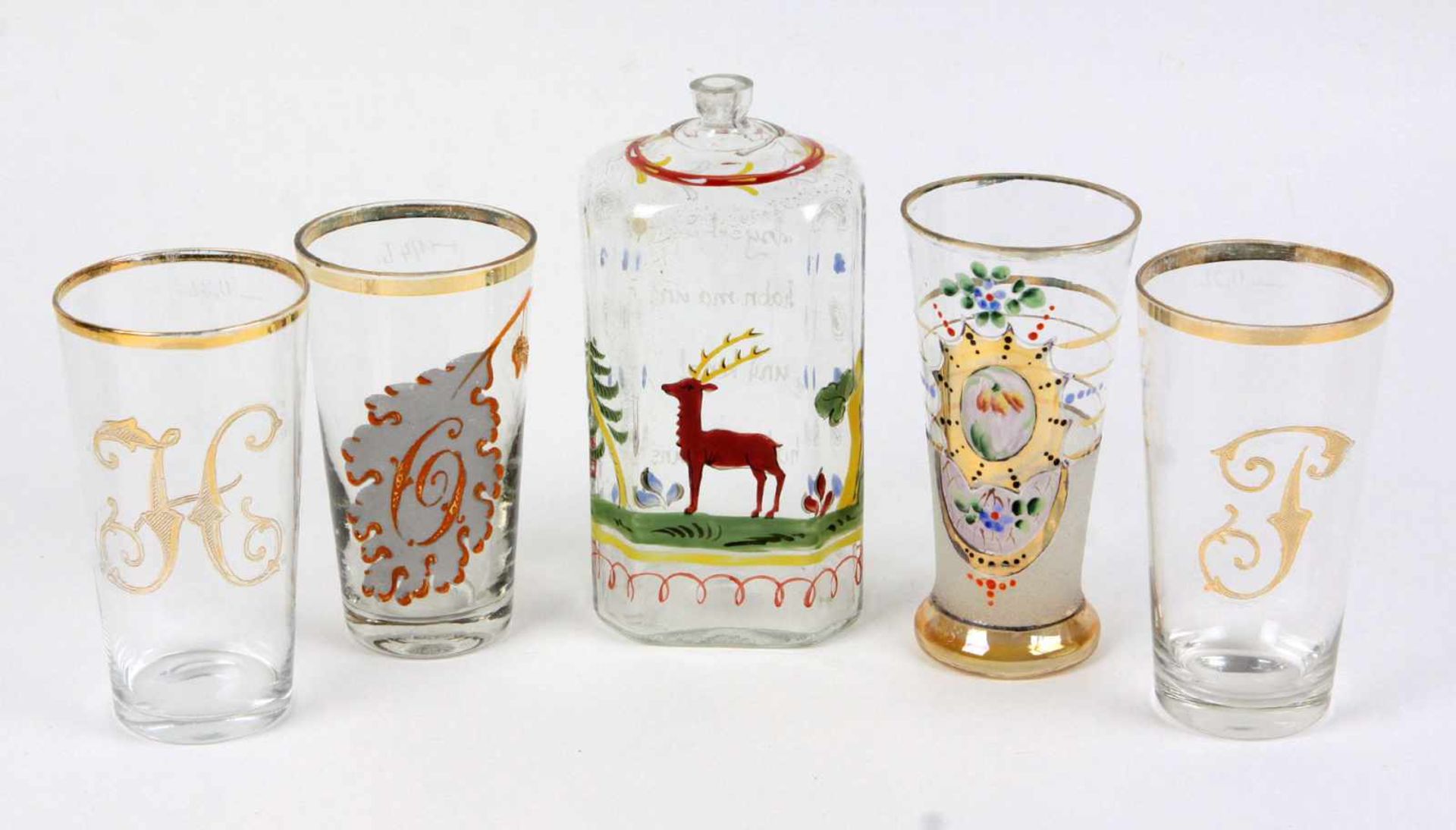 Posten Andenken Glas um 1920dabei 4 Bechergläser in konischer Form, teils feine Blüten- sowie