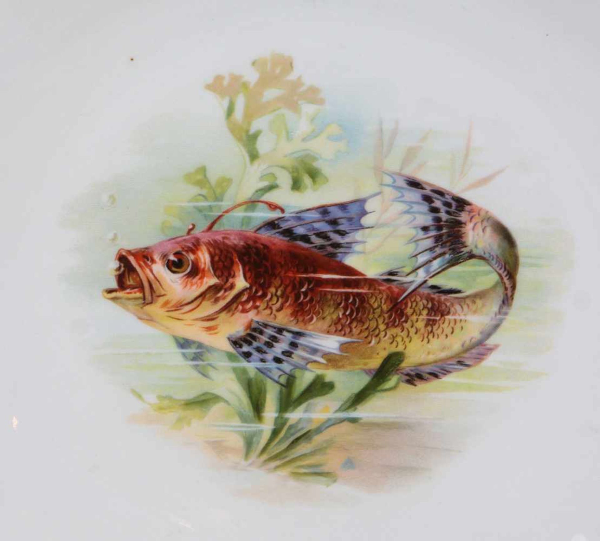 Satz Jugendstil Fischteller 1902/08weiß glasiertes Porzellan mit unterglasurgrüner Manufakturmarke - Bild 2 aus 3