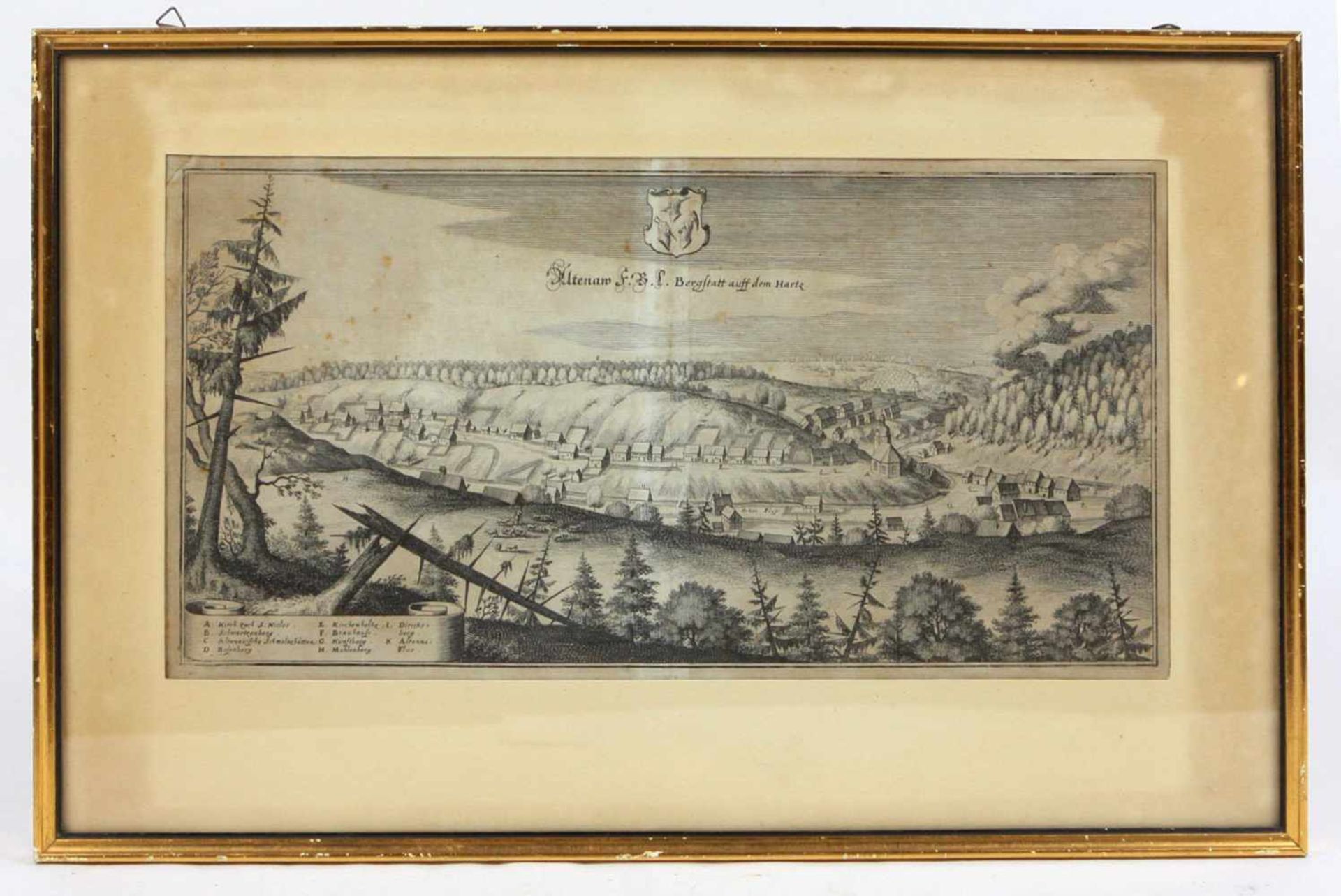 Altenau Bergstadt auf dem HarzHistorische Ortsansicht, Kupferstich / Radierung, 1654, von Caspar