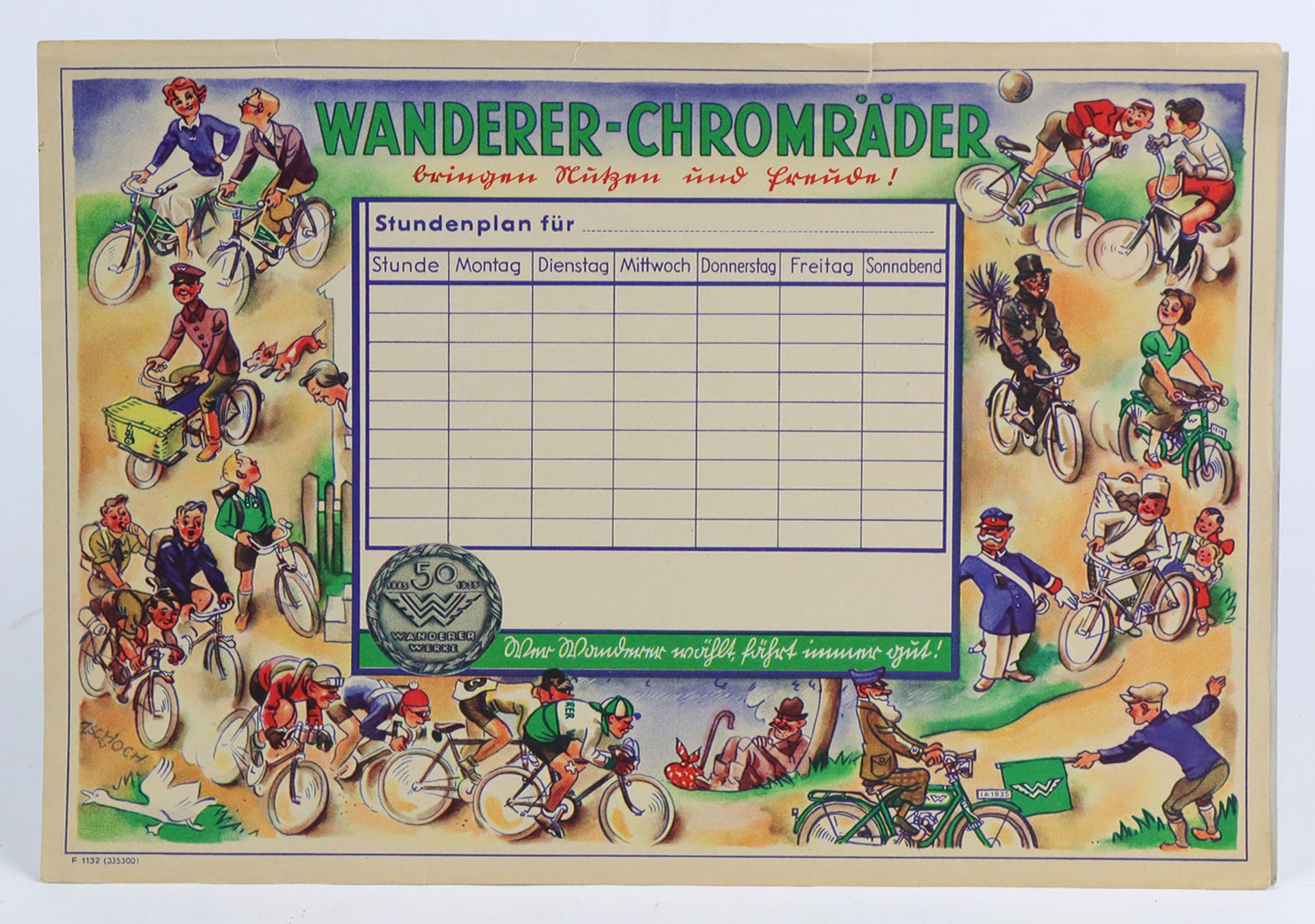 Wanderer ChromräderWerbeblatt / Stundenplan für *50 Jahre Wanderer-Werke Chemnitz 1935*. Blatt mit