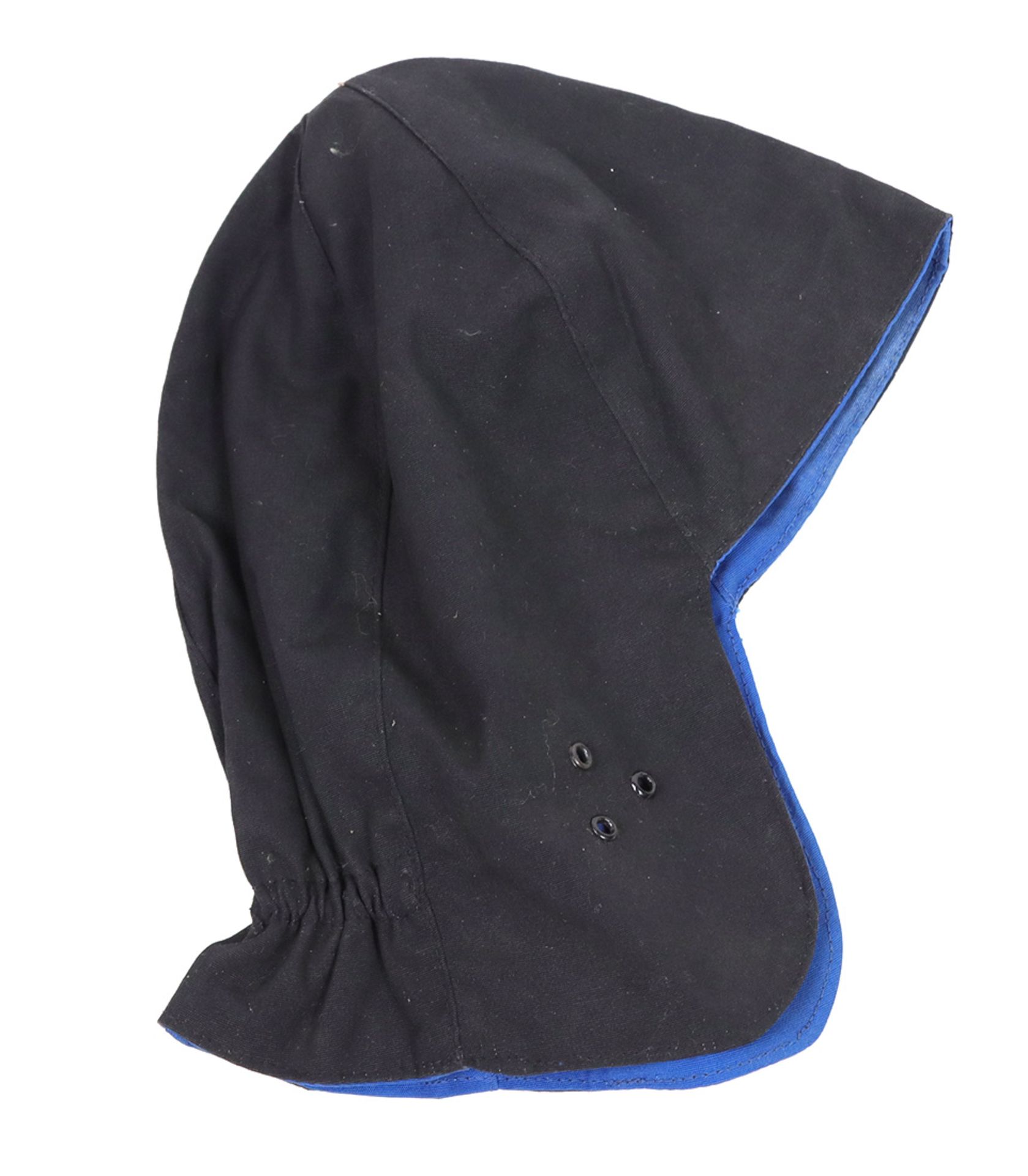 Fahrer Kappeaus schwarz u. blauem Stoff, enganliegende Kappe mit Ohrlöchern u. Gummizug im Nacken,