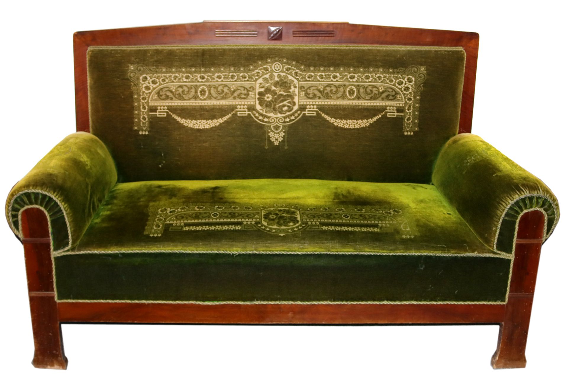 Jugendstil Sofa um 1900Nußbaumrahmen in geradliniger Ausführung mit dezenter Schnitzapplikation,