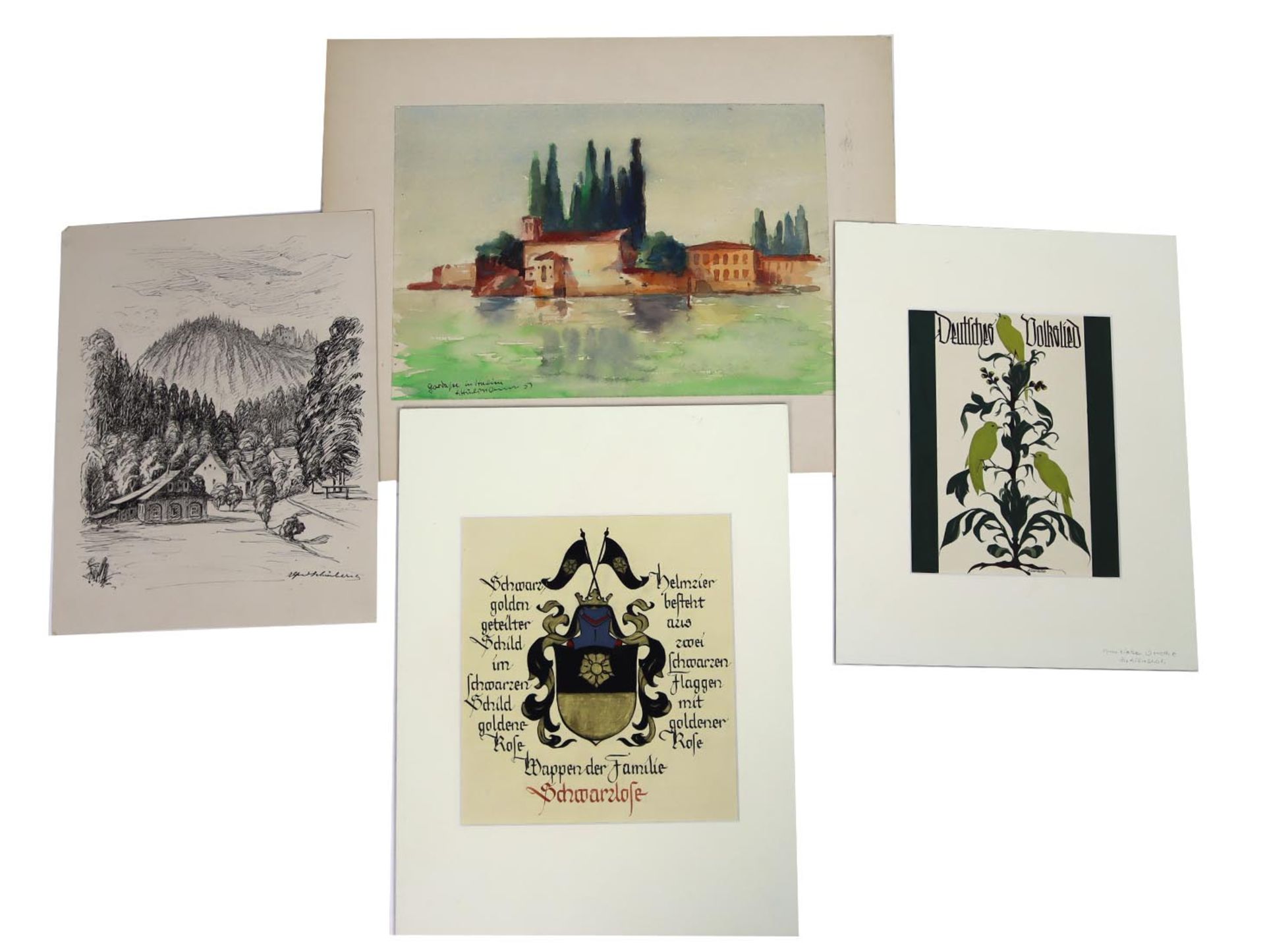 4 Zeichnungen - signiertdabei Wappen der Familie Schwarzlose sowie Illustration signiert A. Denecke,