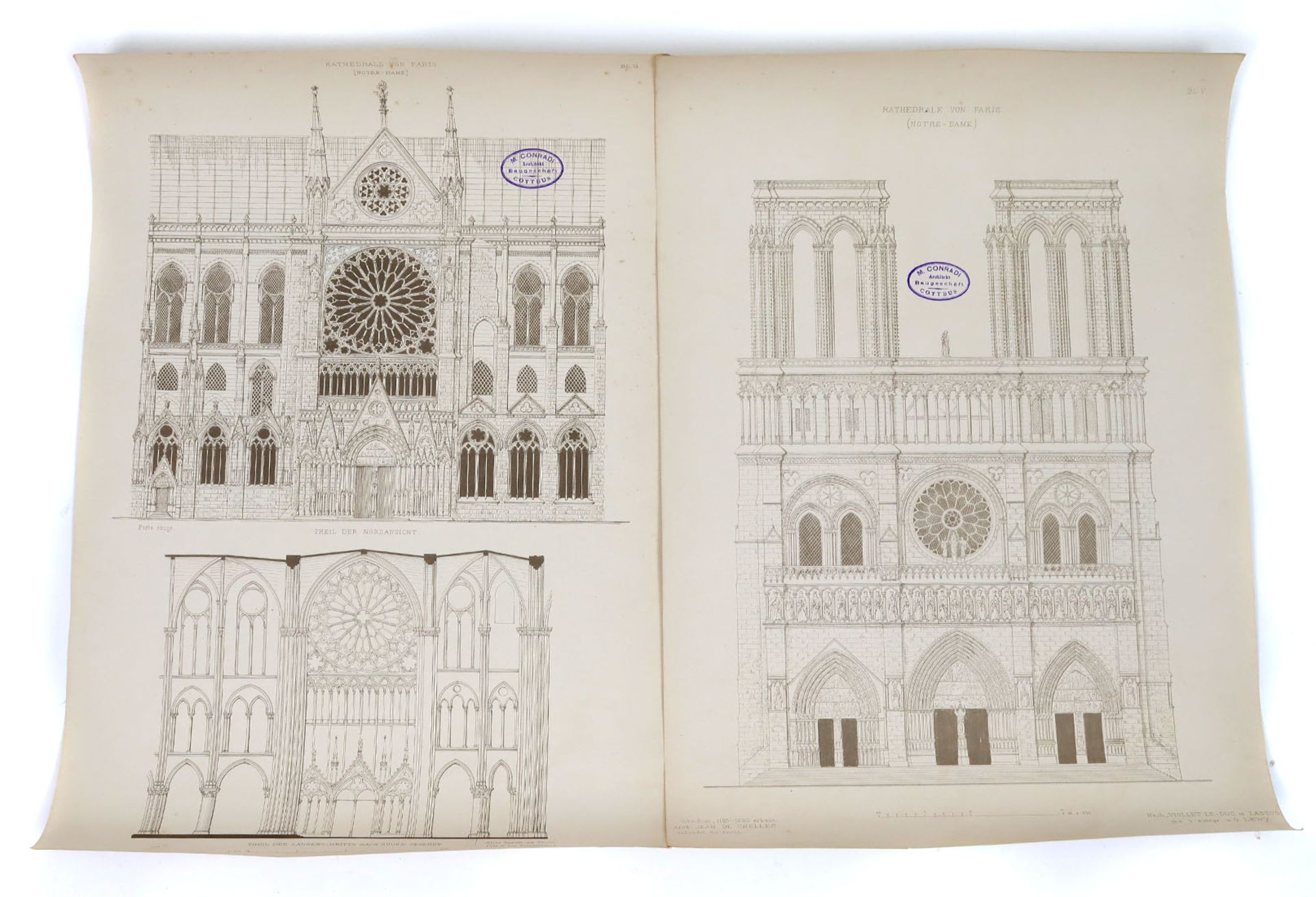 2 Blätter *Notre Dame*Lithographie, Bauzeichnung der Kathedrale von Paris, mittiger Stempel *M.