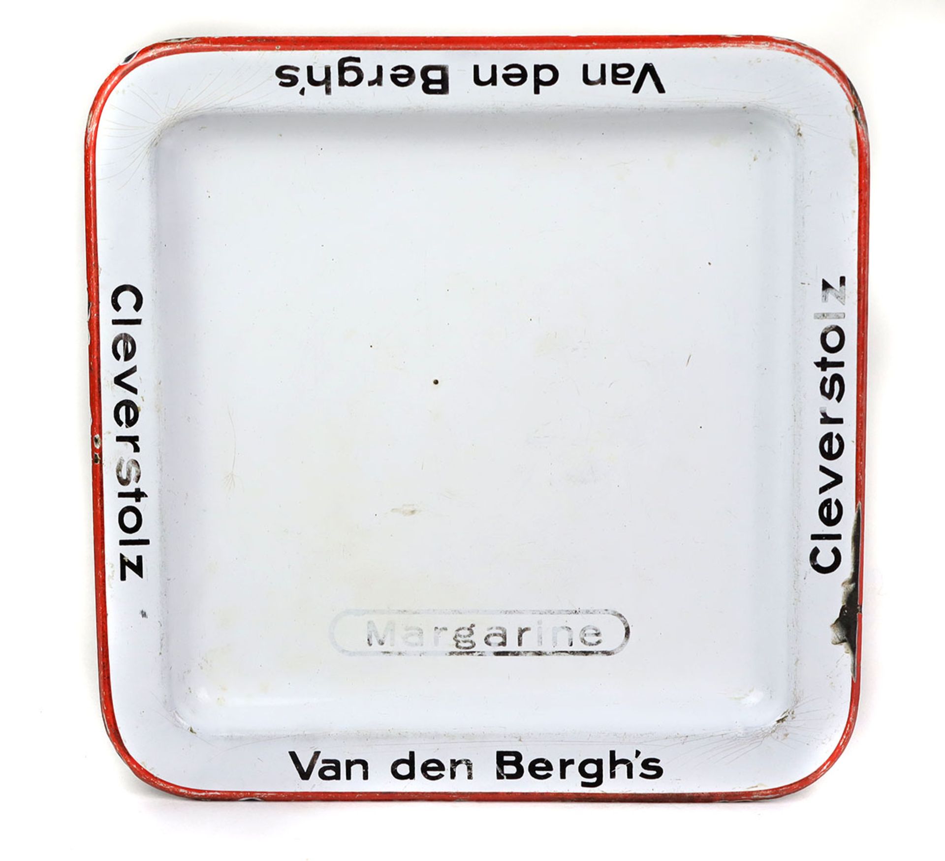 emailliertes Verkaufstablett*Margarine - Cleverstolz Van den Bergh's* in quadratischer Form mit