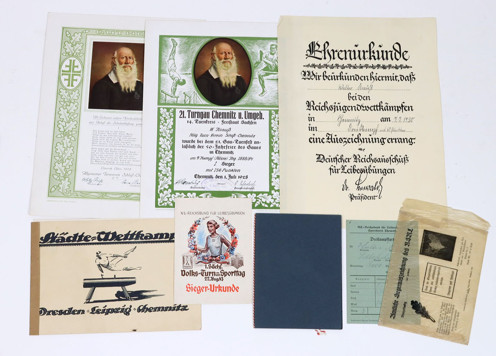 Urkunden Chemnitz 1928/43dabei 2 lithographierte Urkunden, dabei Allgemeiner Turnverein Schloß-