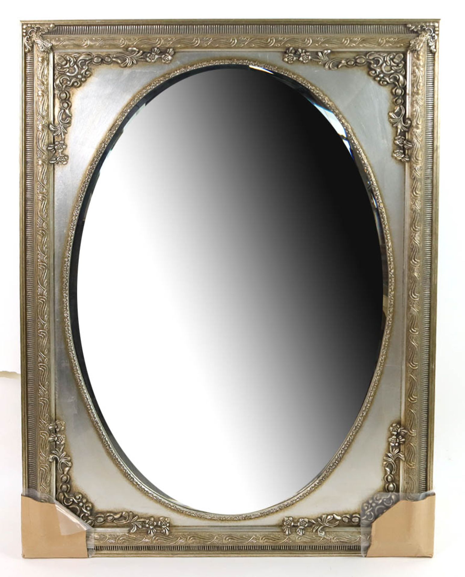 Spiegel mit Zierrahmenrechteckiger, reich florale verzierter Silberrahmen mit ovalem Facettenglas