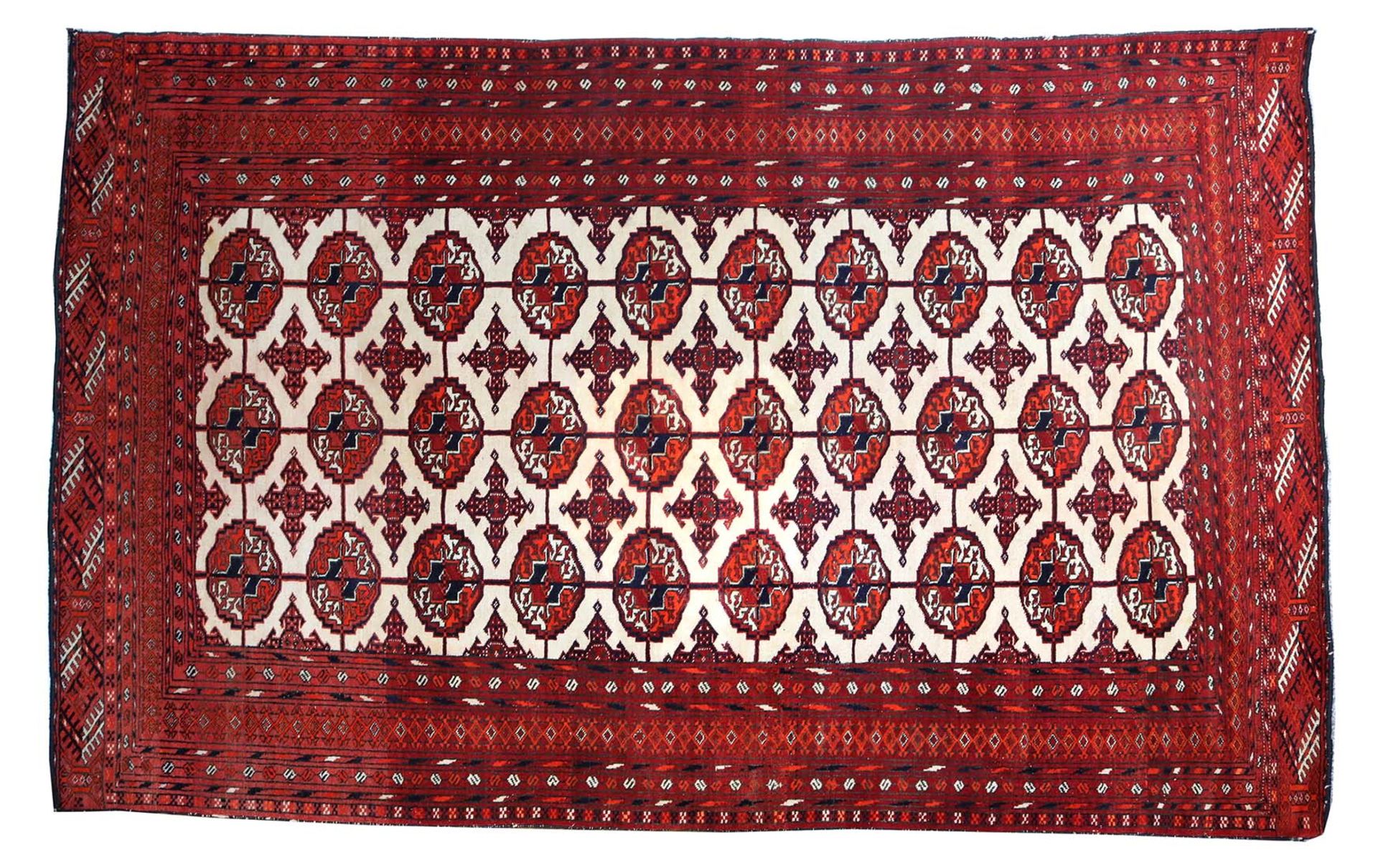 handgeknüpfter Orient Teppichrot mit geometrischen Randdekoren, weißes Mittelfeld mit
