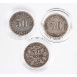 3 x 50 Pfennig Dt. Reich 1875C u. 1877ESilber, dabei 2 Stück 50 Pfennig Deutsches Reich 1875 C sowie