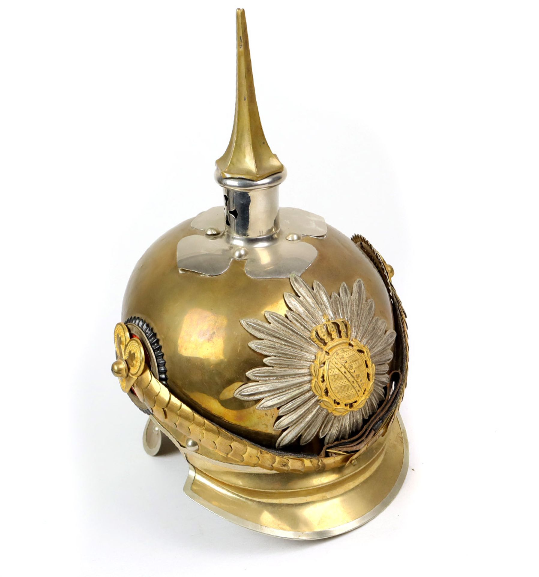 Pickelhaube SachsenMessinghelm mit geschwungenem Nacken- u. gestuftem Augenschirm, diese mit - Image 2 of 8