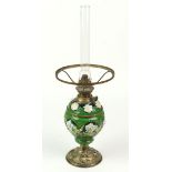 Jugendstil Petroleumlampe um 1900Majolika, zweiteiliger mit Blüten u. verschlungenem Blattwerk