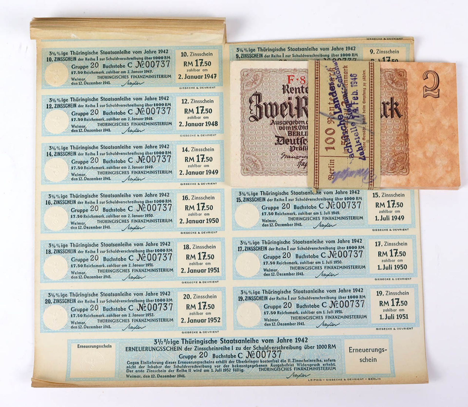 50 x 2 Rentenmark 193750 Rentenbankscheine je Zwei Rentenmark der Deutschen rentenbank Berlin
