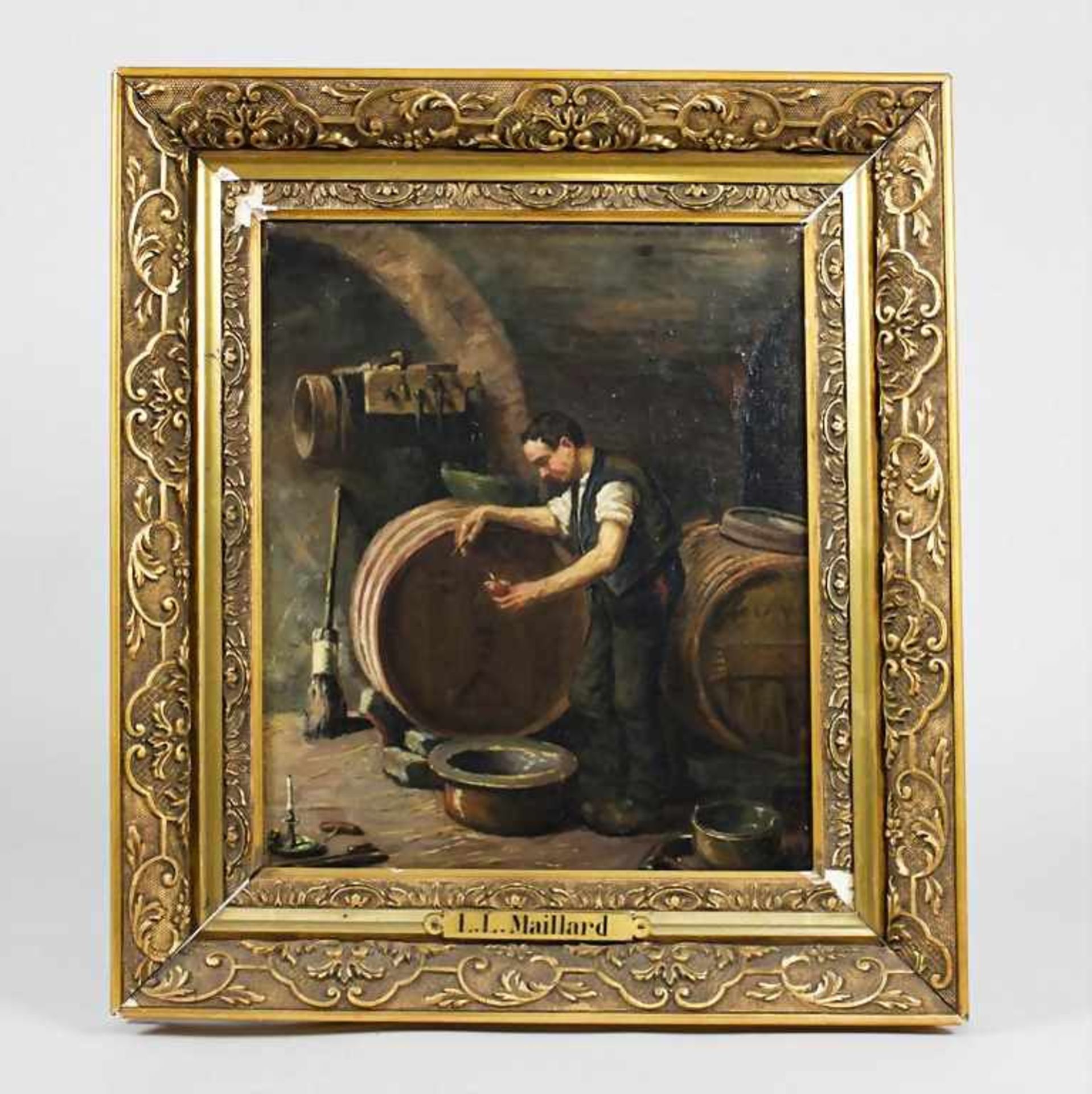 Winzer im Weinkeller/Wine Grower In The Wine Cellar, L. L. Maillard, Frankreich, 19. Jh.Öl/Lw. - Image 2 of 3