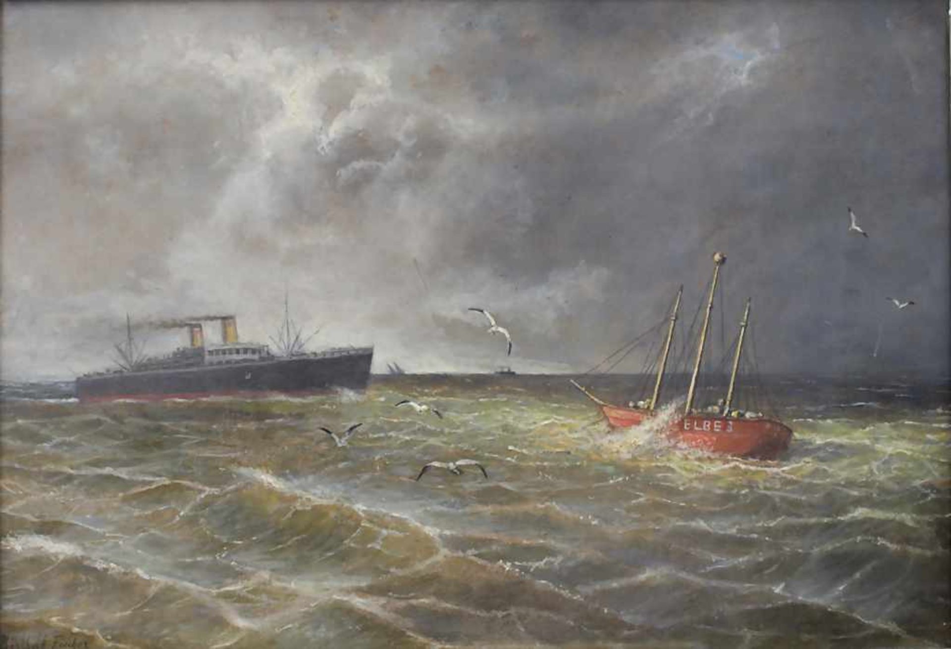 Berthold Fischer (19, Jh.), 'Bewegte See mit Feuerschiff Elbe 3' / 'Fire ship Elbe 3 on agitated