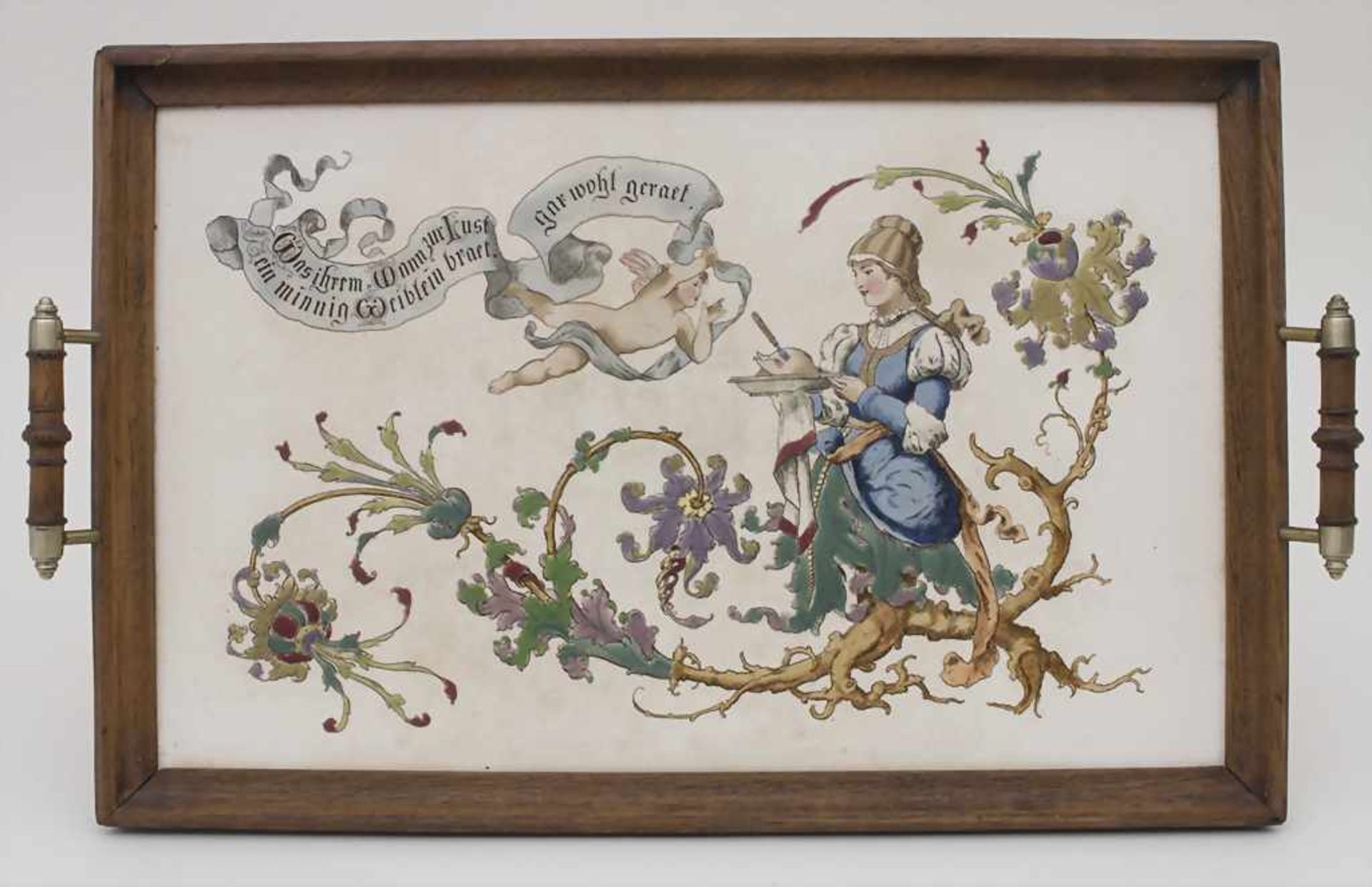 Serviertablett / A serving tray, deutsch, um 1900Material: Feinsteinzeug, polychrom bemalt,