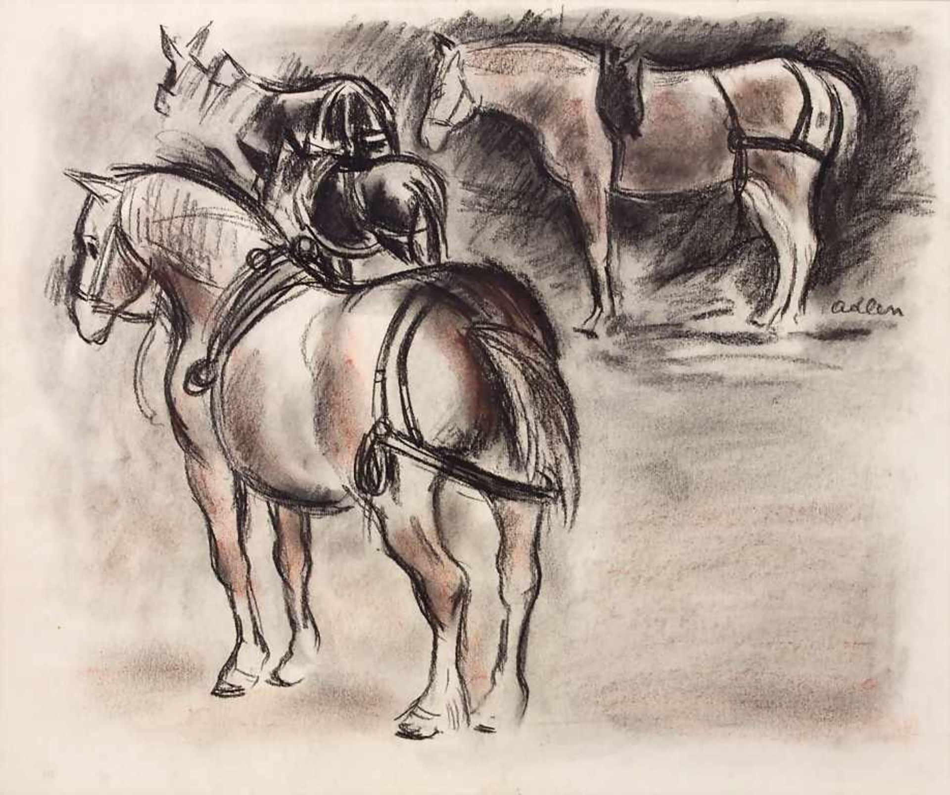 Michele Adlen (1898-1980), 'Pferdegruppe' / 'A group of horses'Technik: Kreide auf Papier, auf Pappe