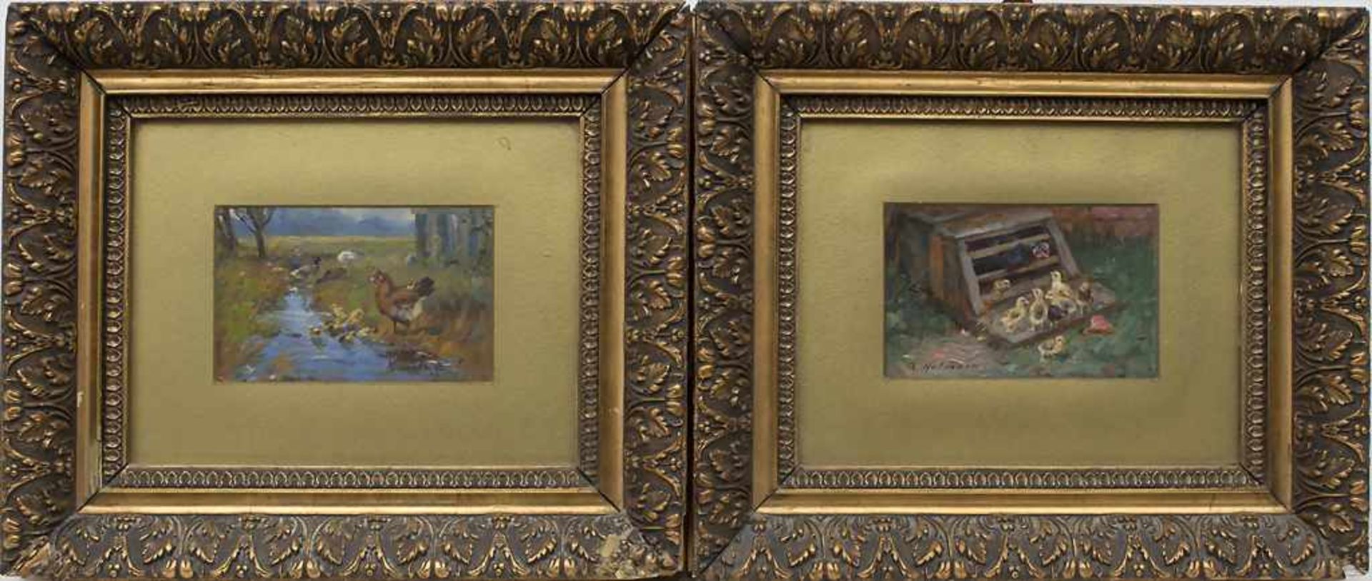 A. Hofmann (19./20. Jh.), 2 Gemälde 'Hühner mit Küken' / 2 paintings 'Chicken and chicks'Technik: Öl