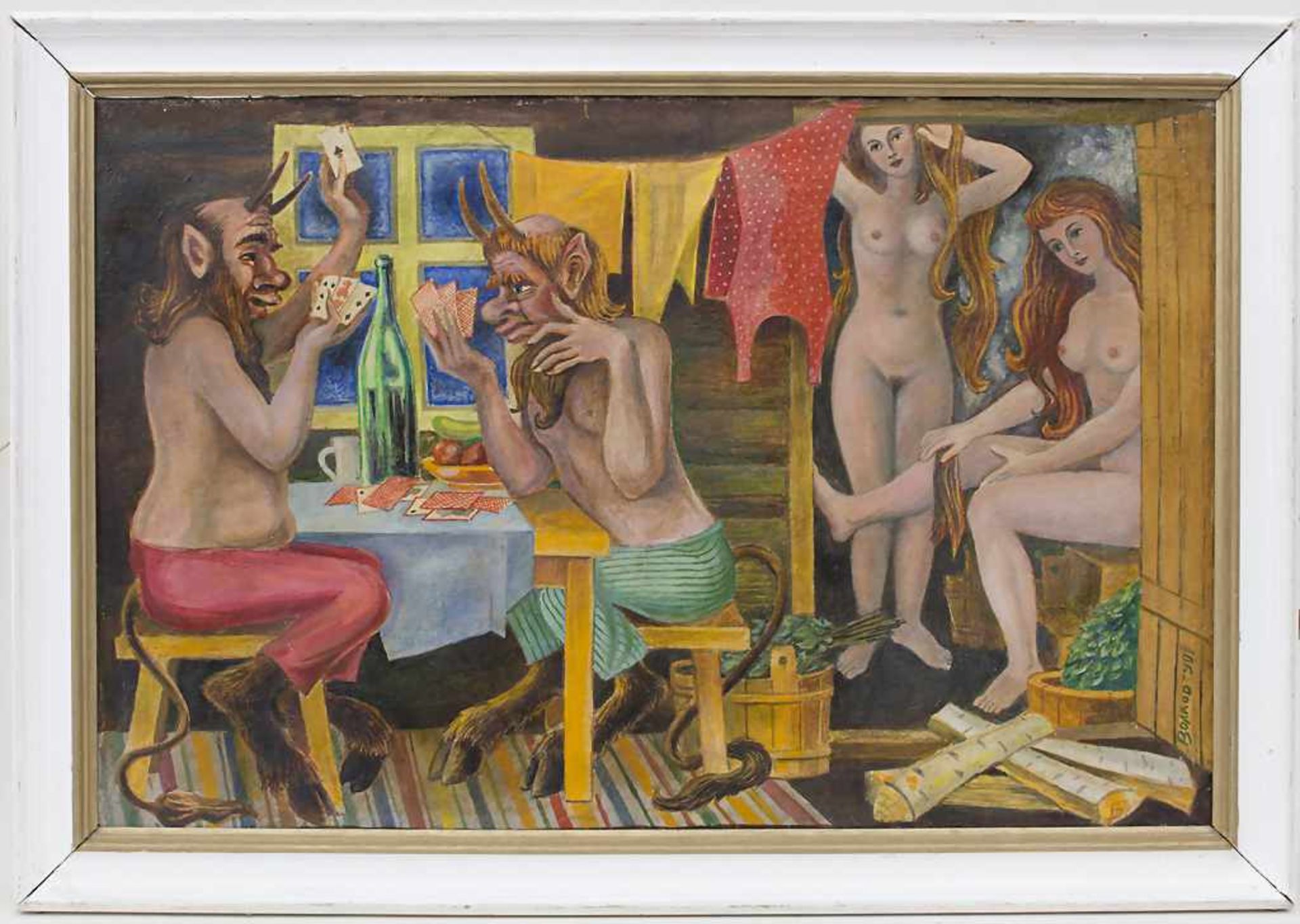 Russischer Maler 'Kartenspielende Faune und weibliche Akte' / Card playing fauns and female nudes' - Image 2 of 6