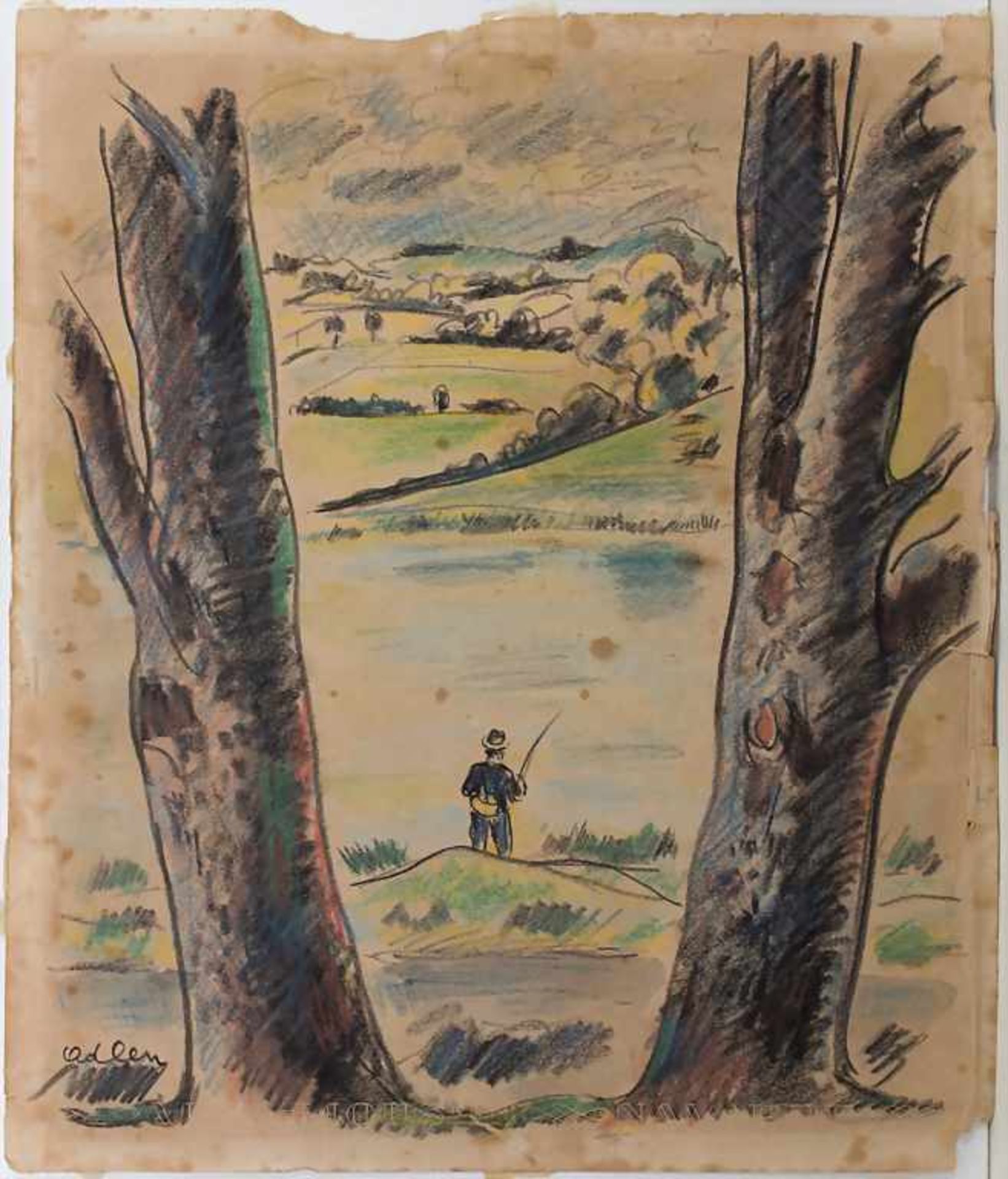 Michel Adlen (1898-1980), 'Angler am Flussufer' / 'A fisherman by the river'Technik: Pastellkreide
