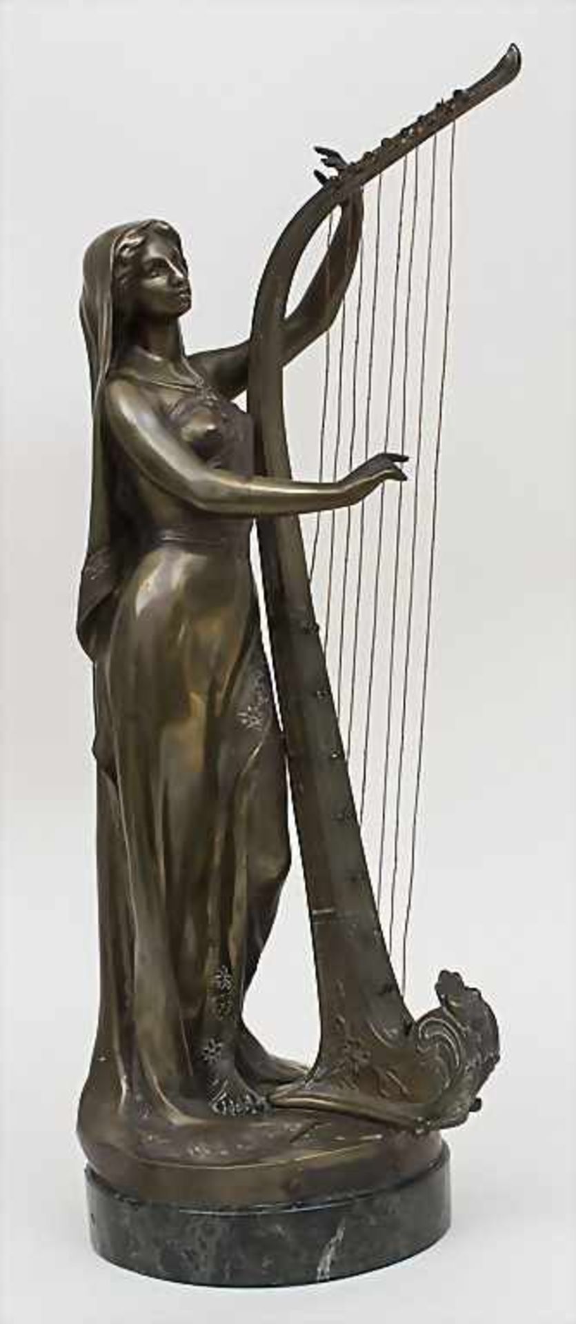 L` INSPIRATION, Théophile Francois Somme, 1871-1952Technik: Harfe spielende junge Frau, Bronze,