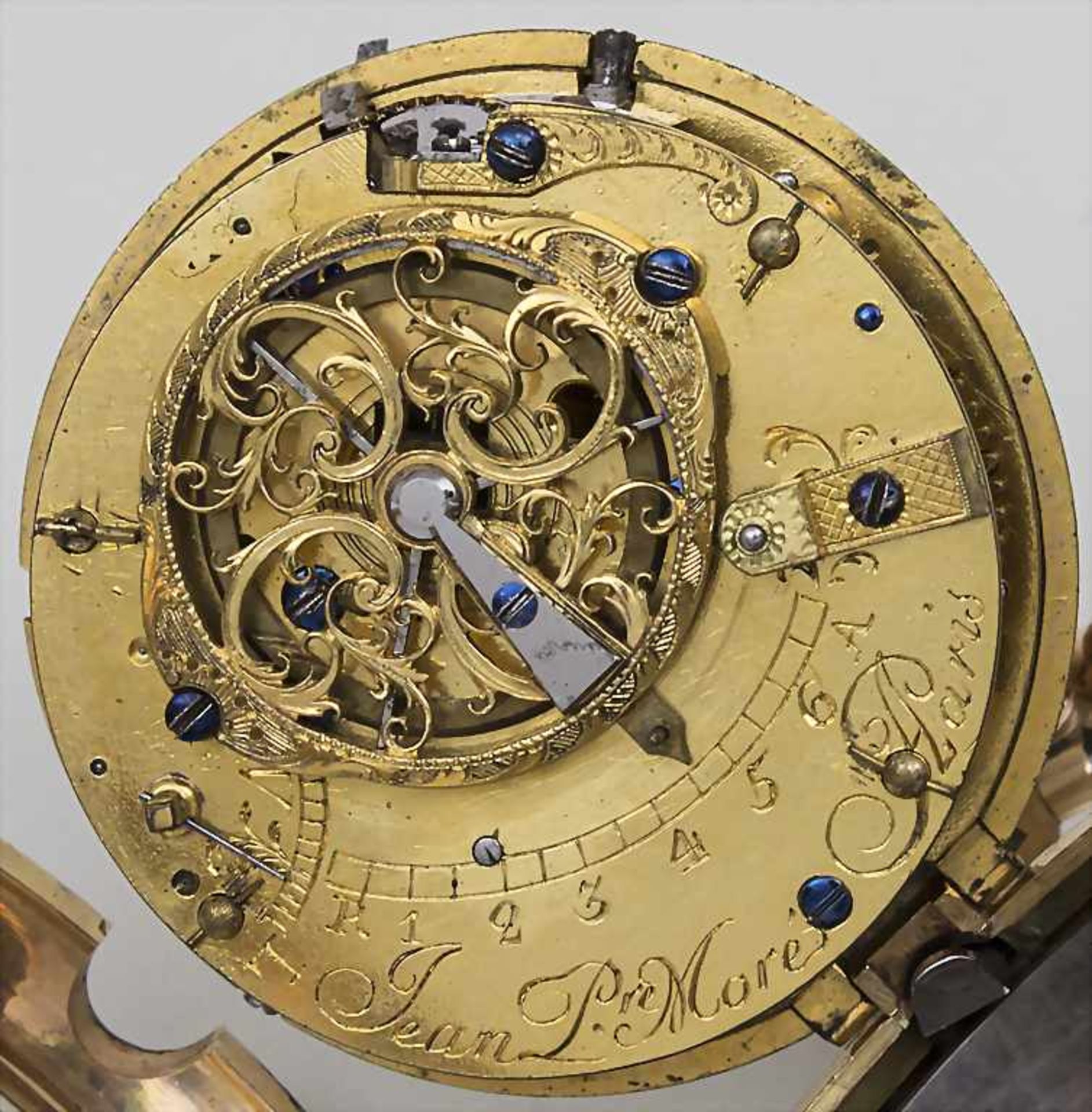 Offene Taschenuhr, Jean Pierre Moré a Paris, um 1770Gehäuse: Gold 18 Kt 750/000, Werk: ¼ Std.- - Image 4 of 5