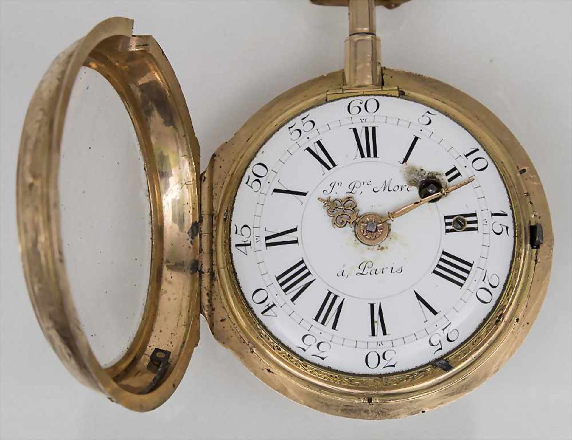 Offene Taschenuhr, Jean Pierre Moré a Paris, um 1770Gehäuse: Gold 18 Kt 750/000, Werk: ¼ Std.- - Image 2 of 5