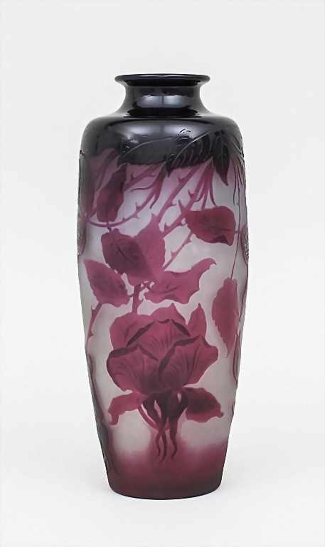 Jugendstil Vase mit Rosenzweigen / Vase with Roses, D'Argental, Paul Nicolas, um 1920farbloses Glas,