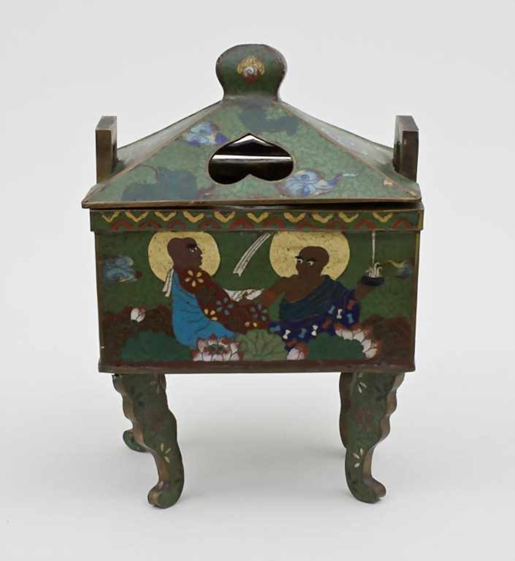 Cloisonné-Rauchgefäß/Incense Burner, Koro, Japan, um 1900rechteckig auf vier geschwungenen Füßen mit