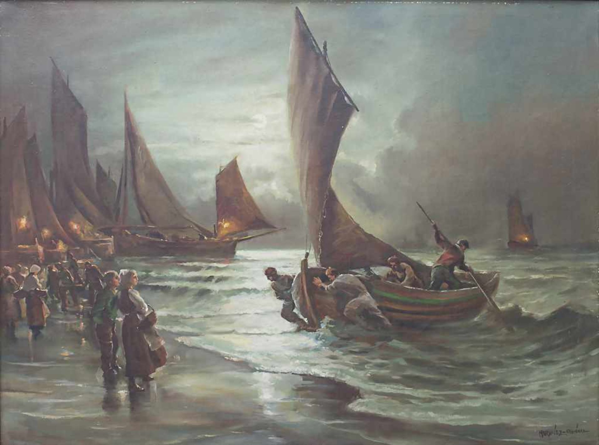 Maroniez-Steinke (19. Jh.), 'Anlandende Fischerboote im Mondlicht' / 'Arriving boats in moonlight'