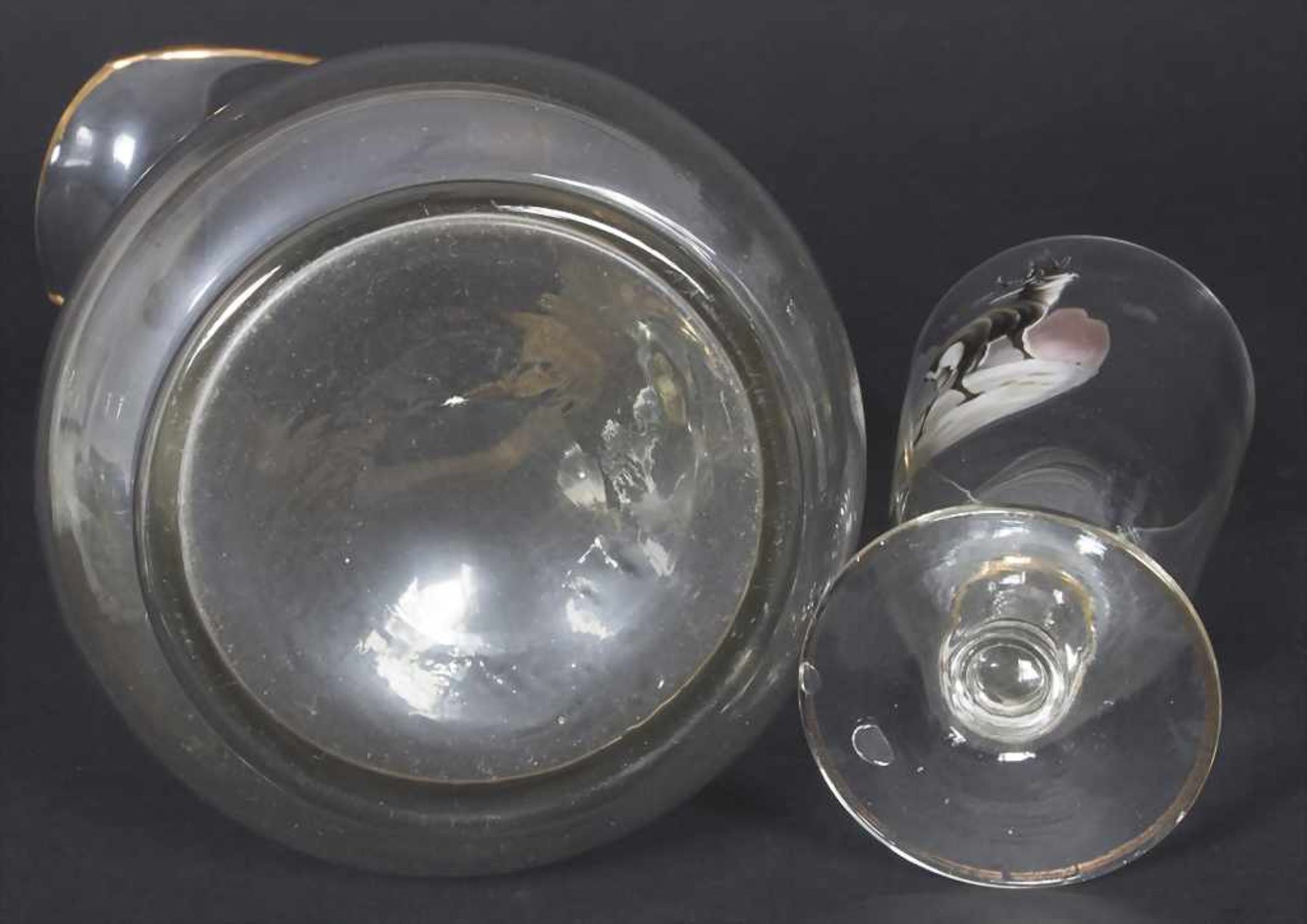 Saftkrug und 6 Gläser mit Hirschmotiven / A decanter and 6 glasses with deer decor, um 1900Material: - Bild 5 aus 6