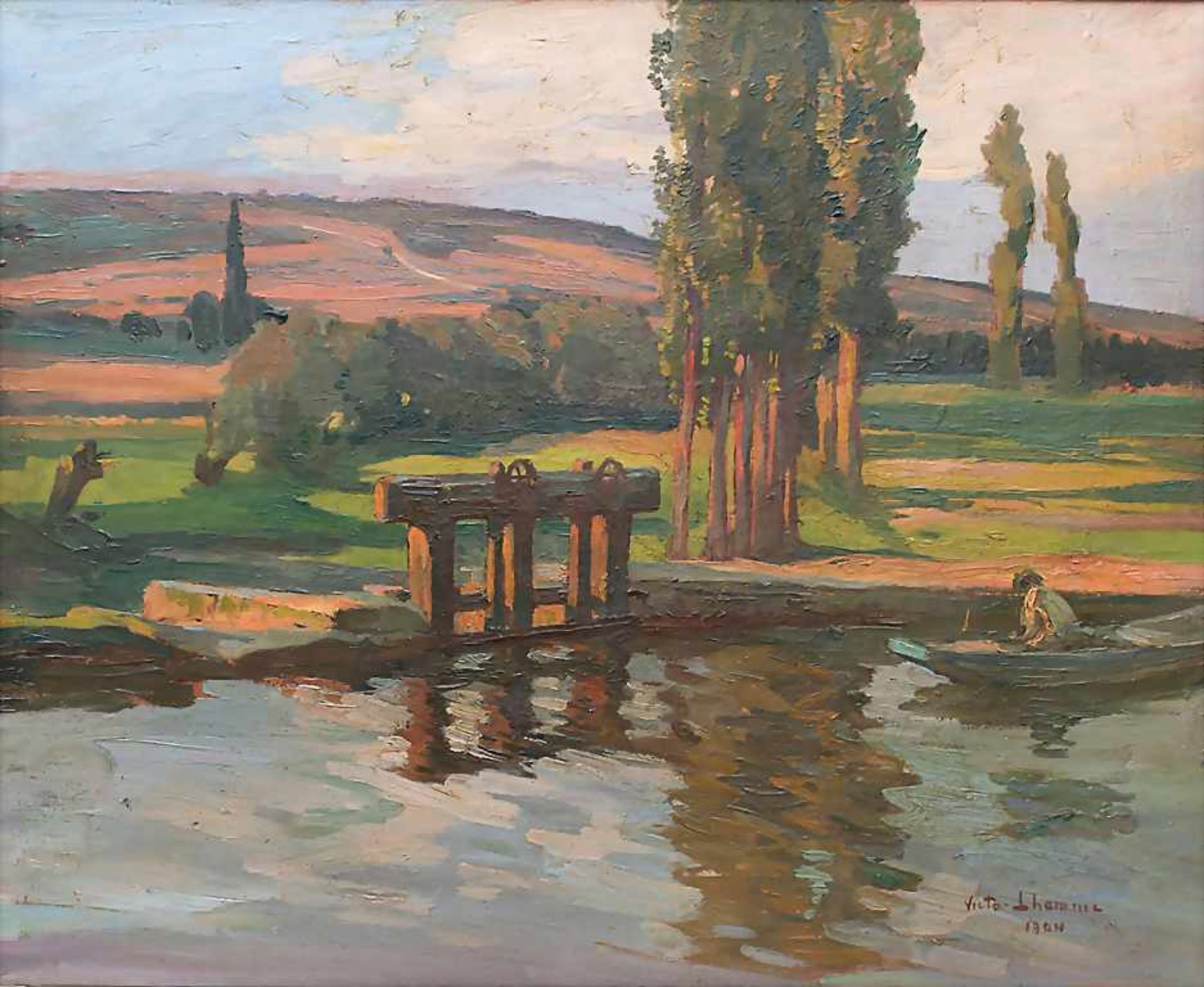 Victor Lhomme (1870-1957), 'Landschaft mit Wehr und Boot im Abendlicht' / 'A landscape with a weir