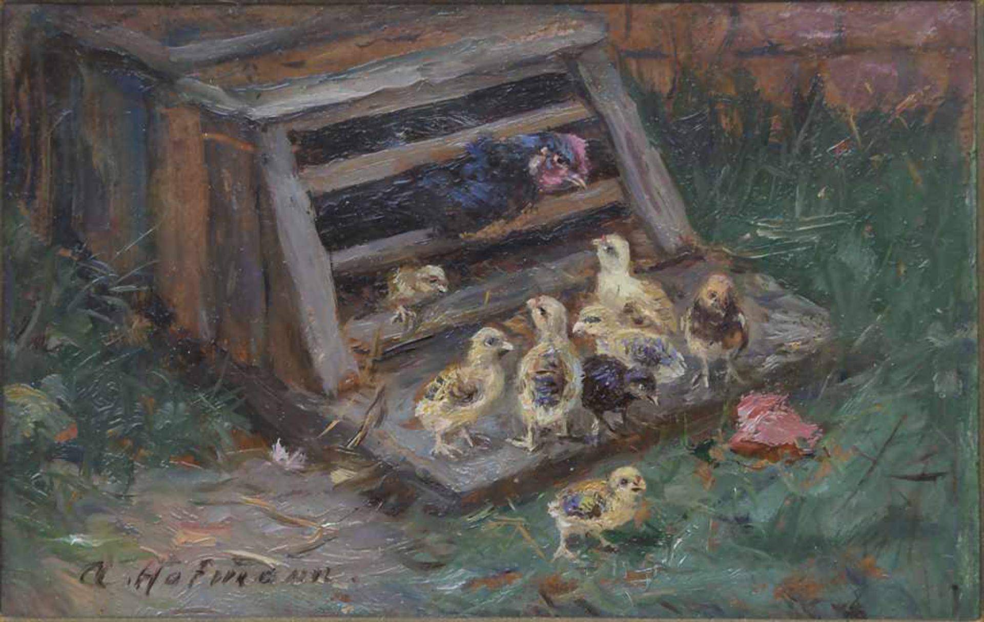 A. Hofmann (19./20. Jh.), 2 Gemälde 'Hühner mit Küken' / 2 paintings 'Chicken and chicks'Technik: Öl - Image 3 of 5
