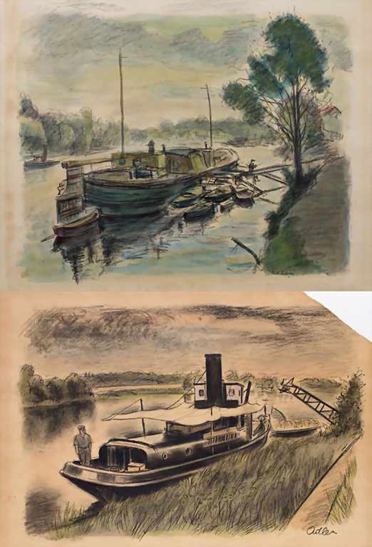 Michel Adlen (1898-1980), 'Boote am Flussufer' / 'Boats by the river'Technik: Kreide/Aquarell (
