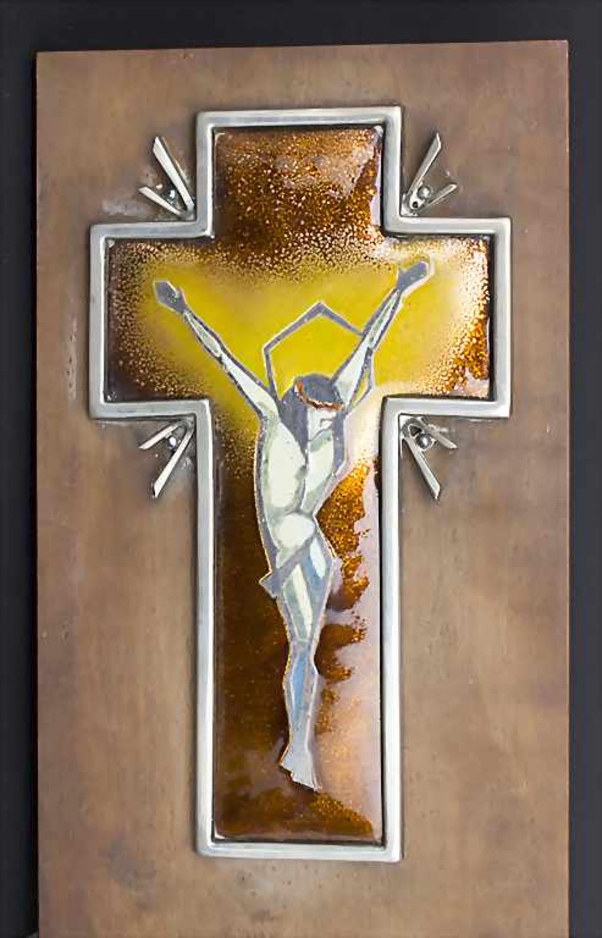 Kruzifix Silber/Emaille, Crucifix, Spanien/ Spain, um 1950Material: Silber, Email auf Holzplatte,